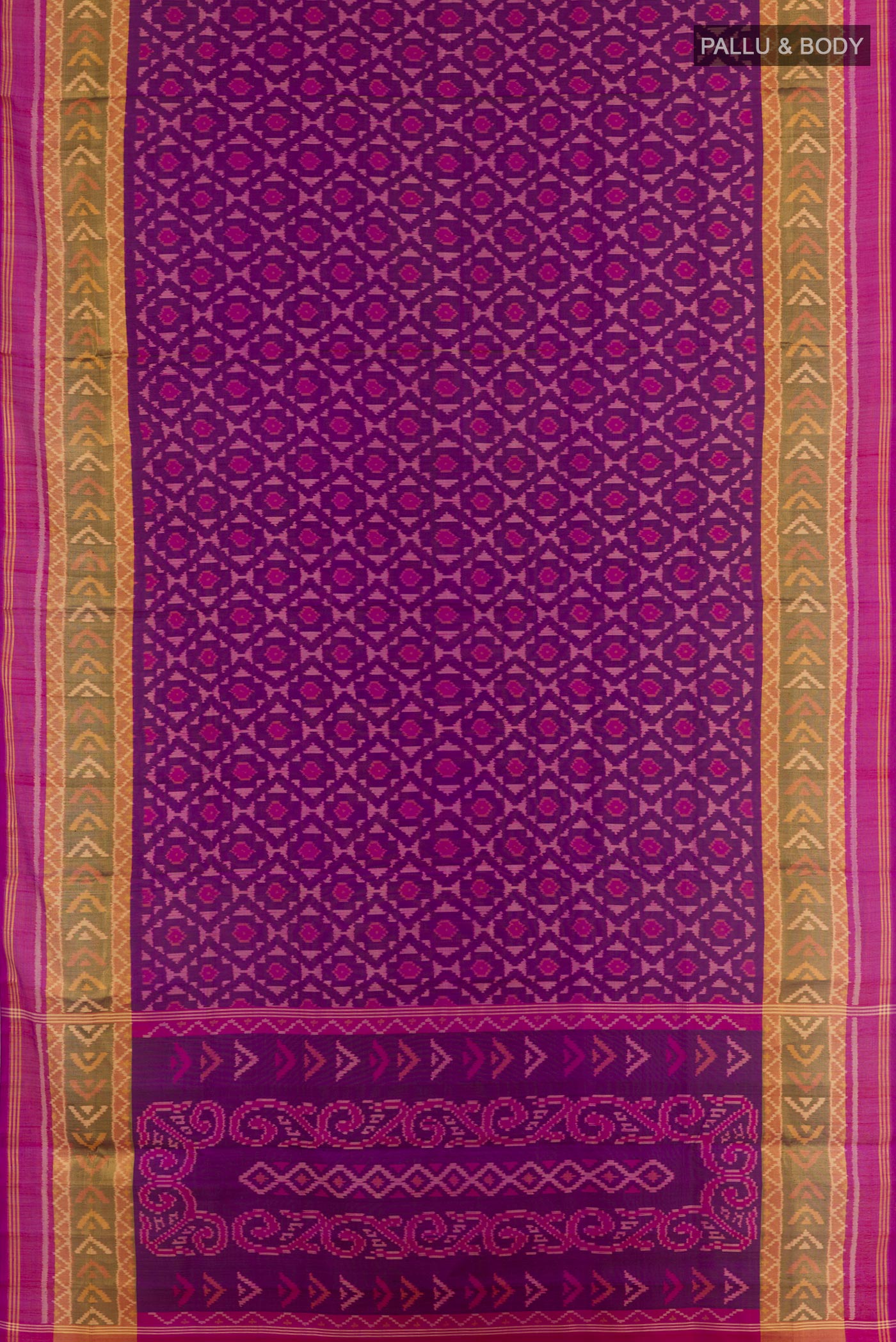 Flat view of Purple Rajkot Patola Silk Saree with Ikat design on the body and Zari Border. 