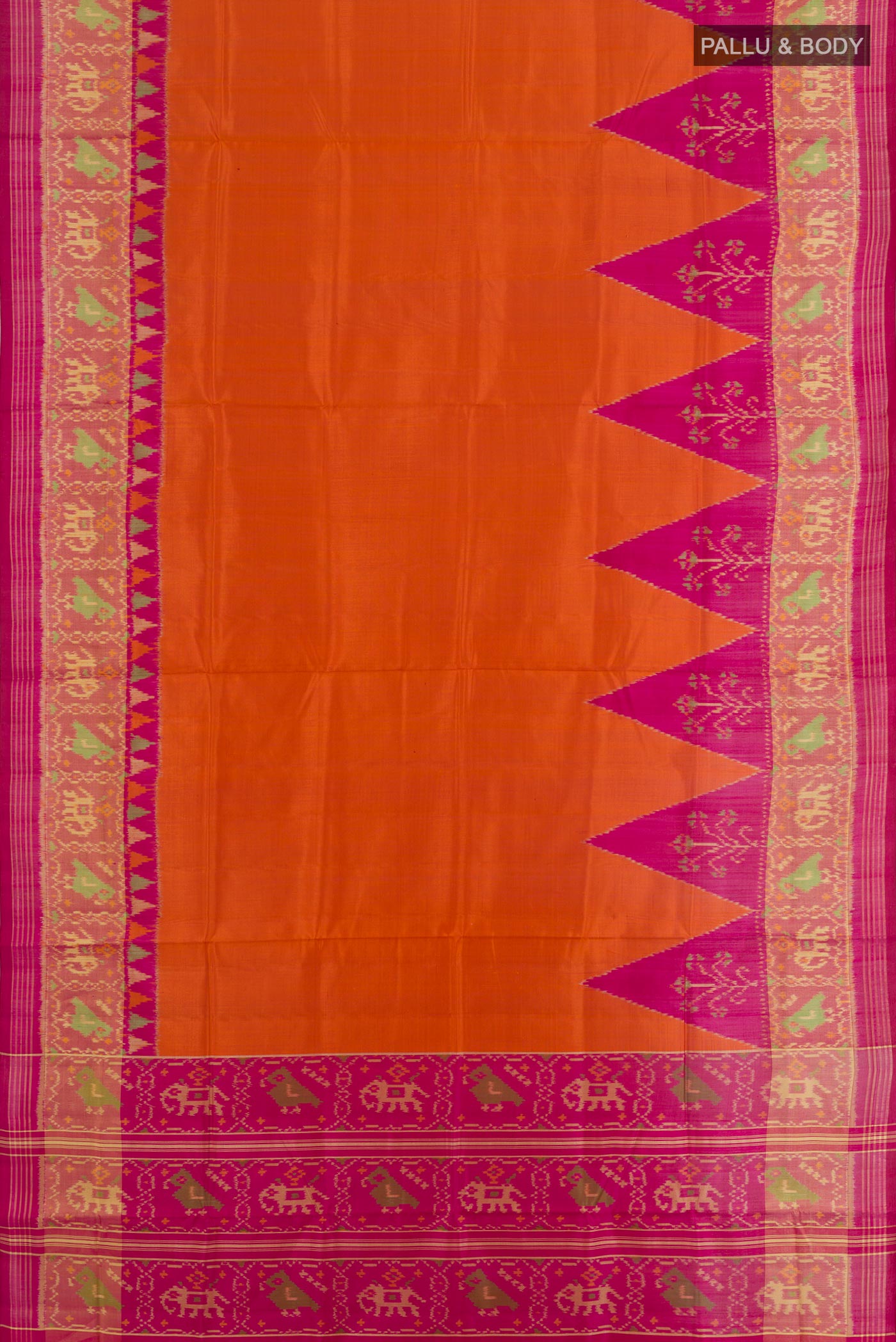 Flat view of Orange Rajkot Patola Silk Saree with Pure Ikat on the body and Zari Border. 