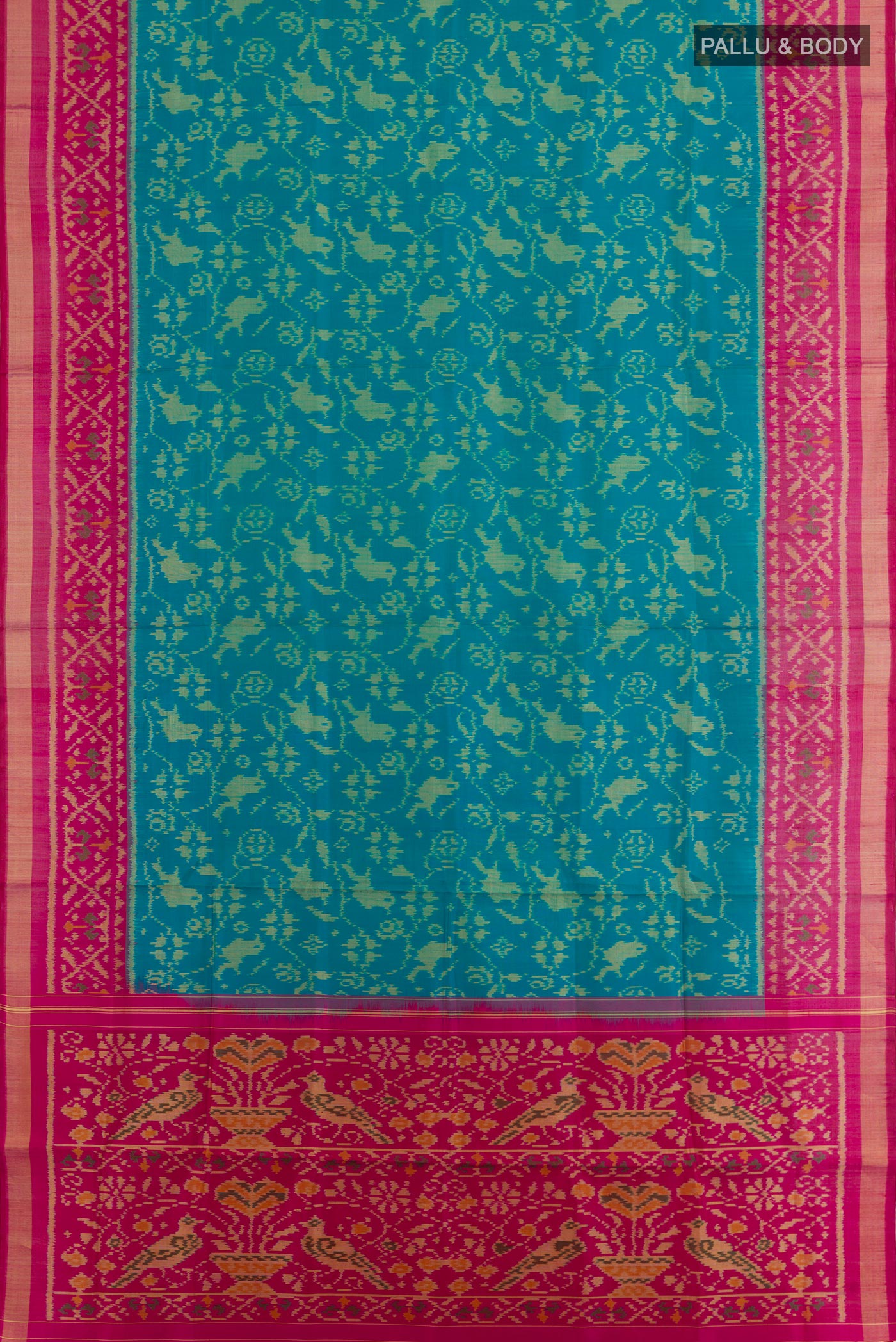 Flat view of Blue Rajkot Patola Silk Saree with Pure Ikat on the body and Zari Border. 