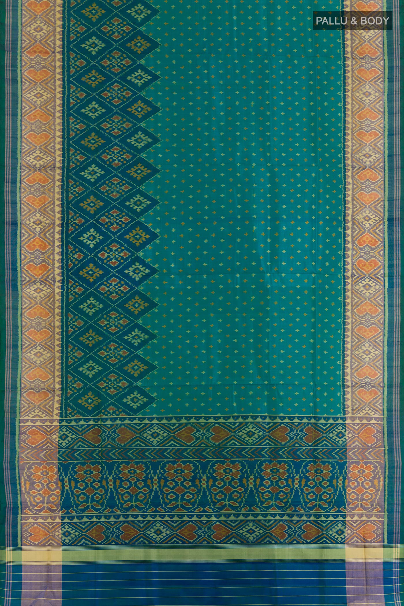 Flat view of Peacock Blue Rajkot Patola Silk Saree with Pure Ikat on the body and Zari Border. 