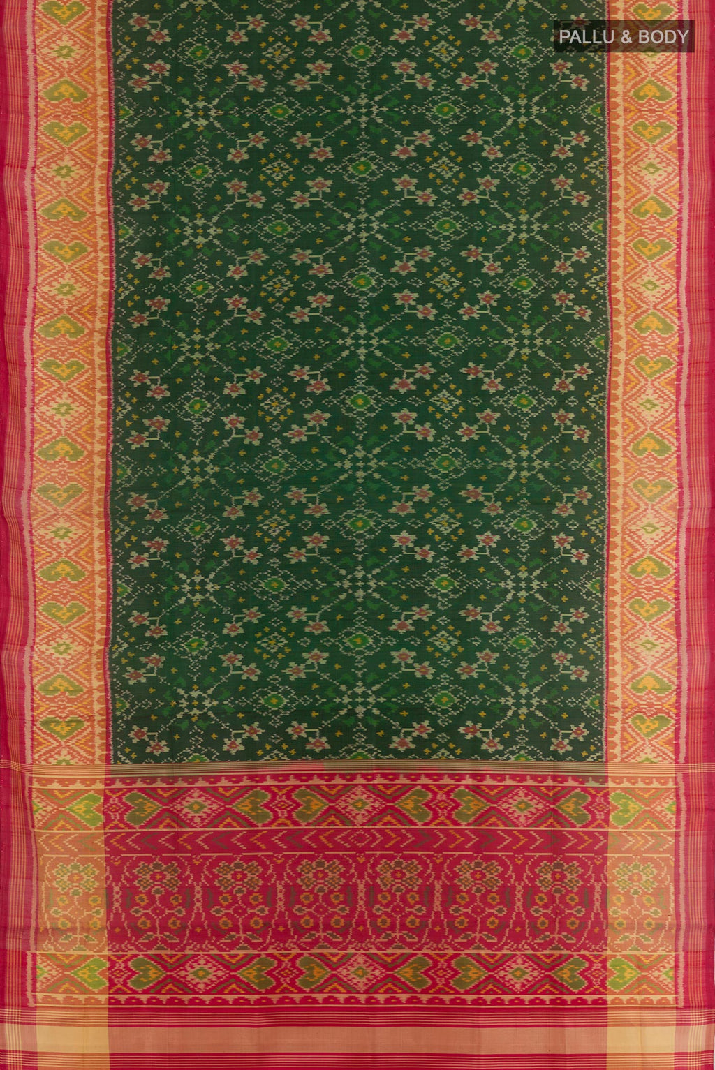 Flat view of Green Rajkot Patola Silk Saree with Pure Ikat on the body and Zari Border. 