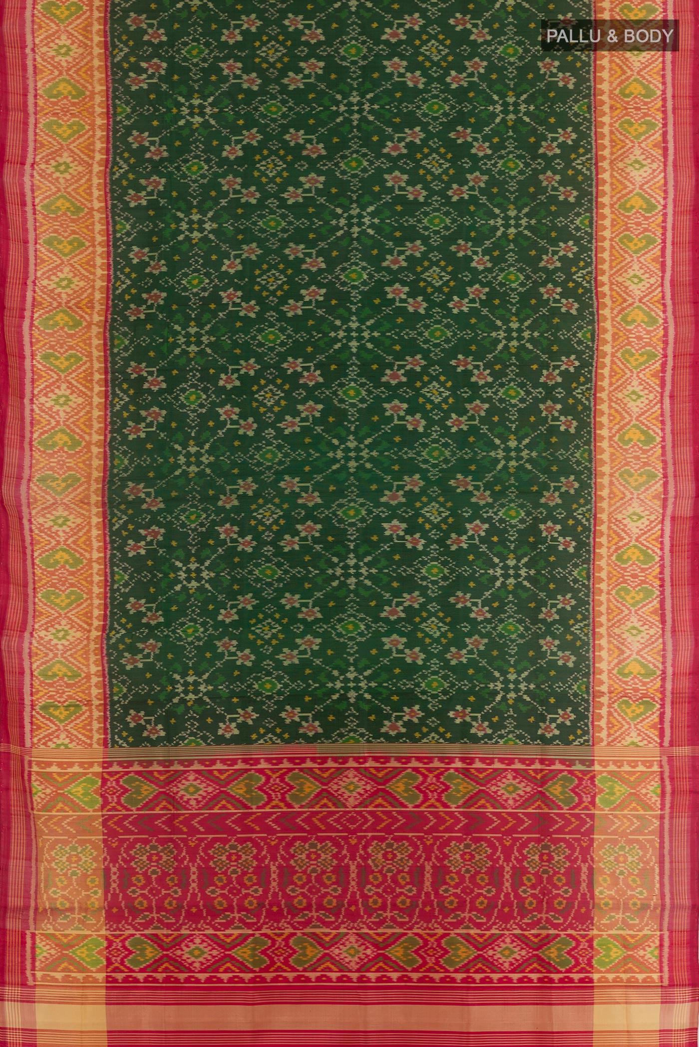 Flat view of Green Rajkot Patola Silk Saree with Pure Ikat on the body and Zari Border. 