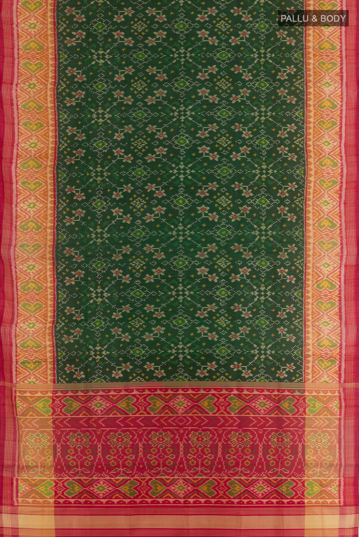 Flat view of Green Rajkot Patola Silk Saree with Pure Ikat on the body and Zari Border. 