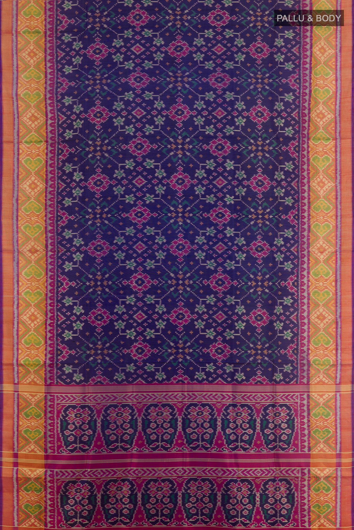 Flat view of Blue Rajkot Patola Silk Saree with Pure Ikat on the body and Zari Border. 