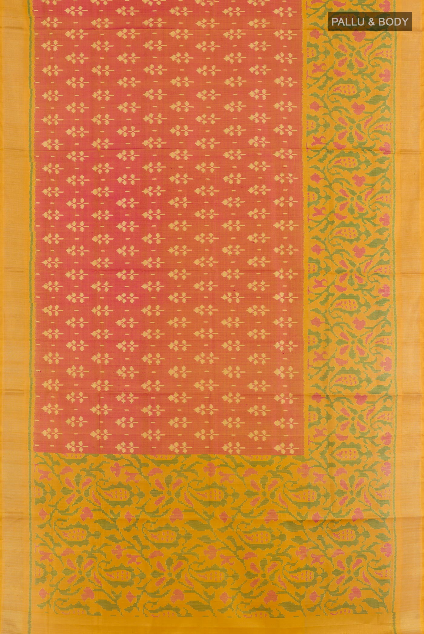 Flat view of Pink Pochampally Silk Saree with Pure Ikat on the body and Zari Border. 