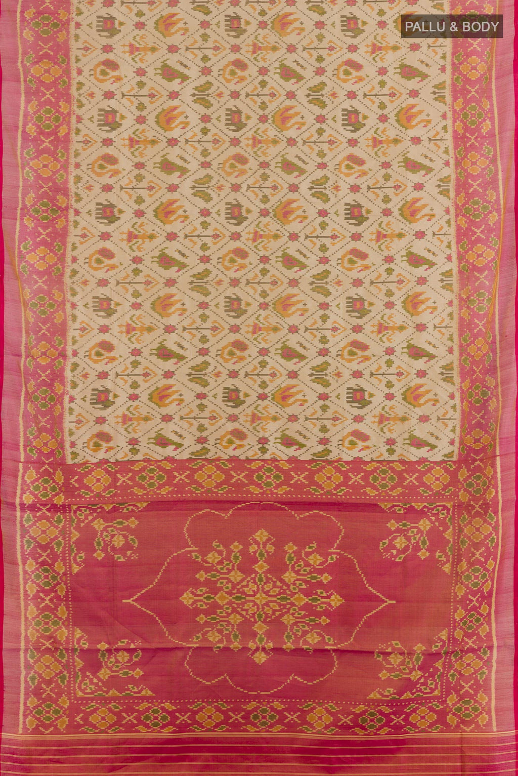 Flat view of Cream Rajkot Patola Silk Saree with Ikat design on the body and Zari Border. 