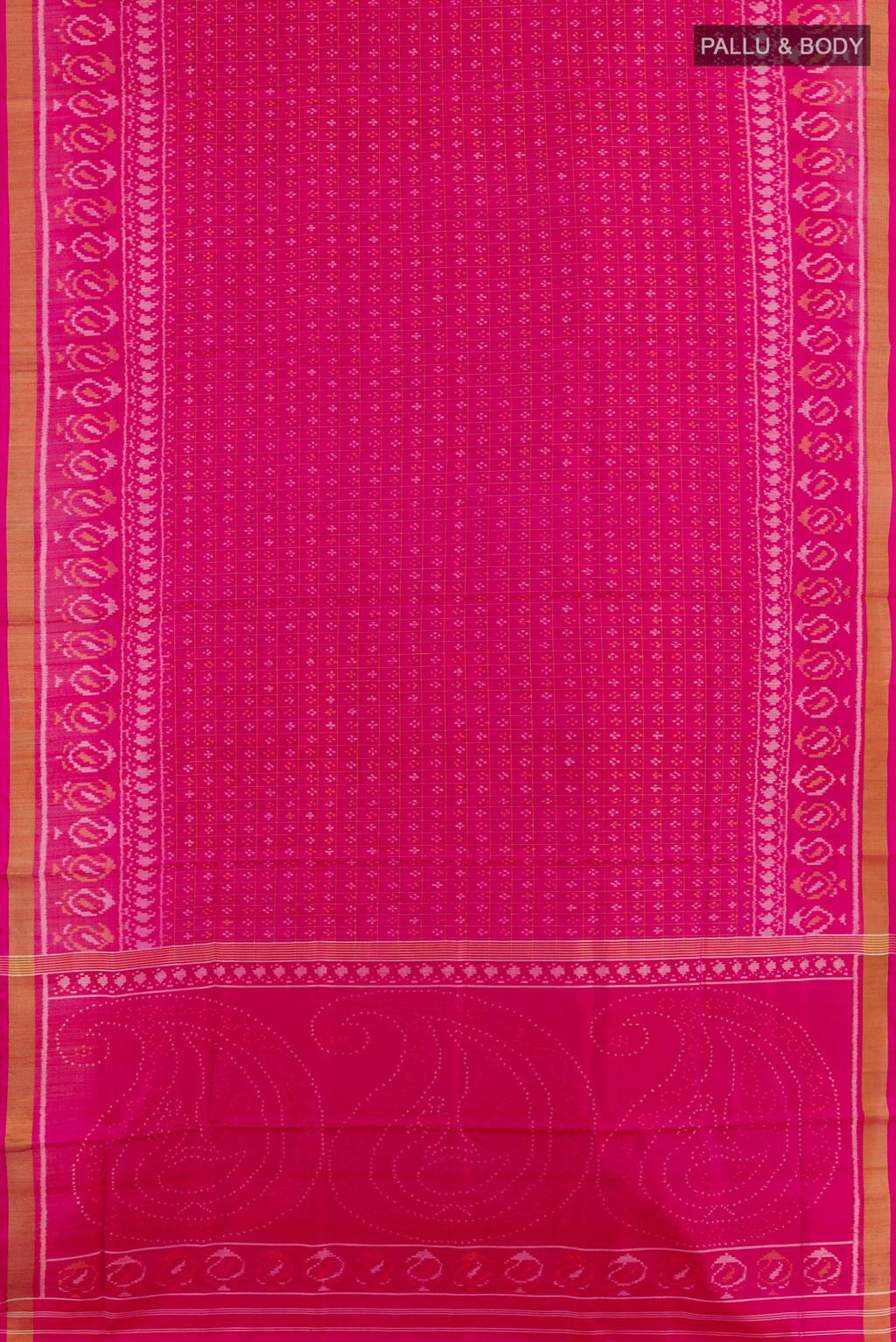 Flat view of Pink Rajkot Patola Silk Saree with Ikat design on the body and Zari Border. 