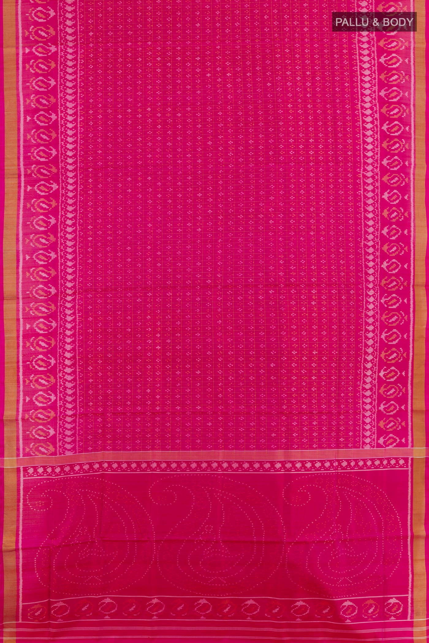 Flat view of Pink Rajkot Patola Silk Saree with Ikat design on the body and Zari Border. 
