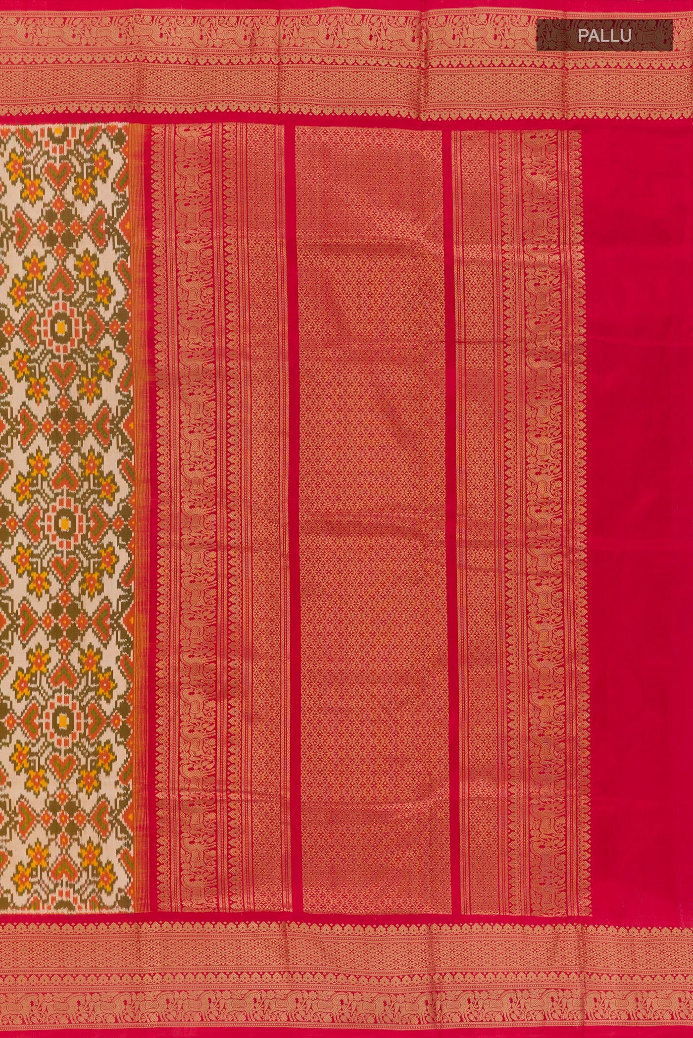 Close up image of the pallu of Off White Pochampally Silk Saree with Ikat design on the body and Zari Border. 