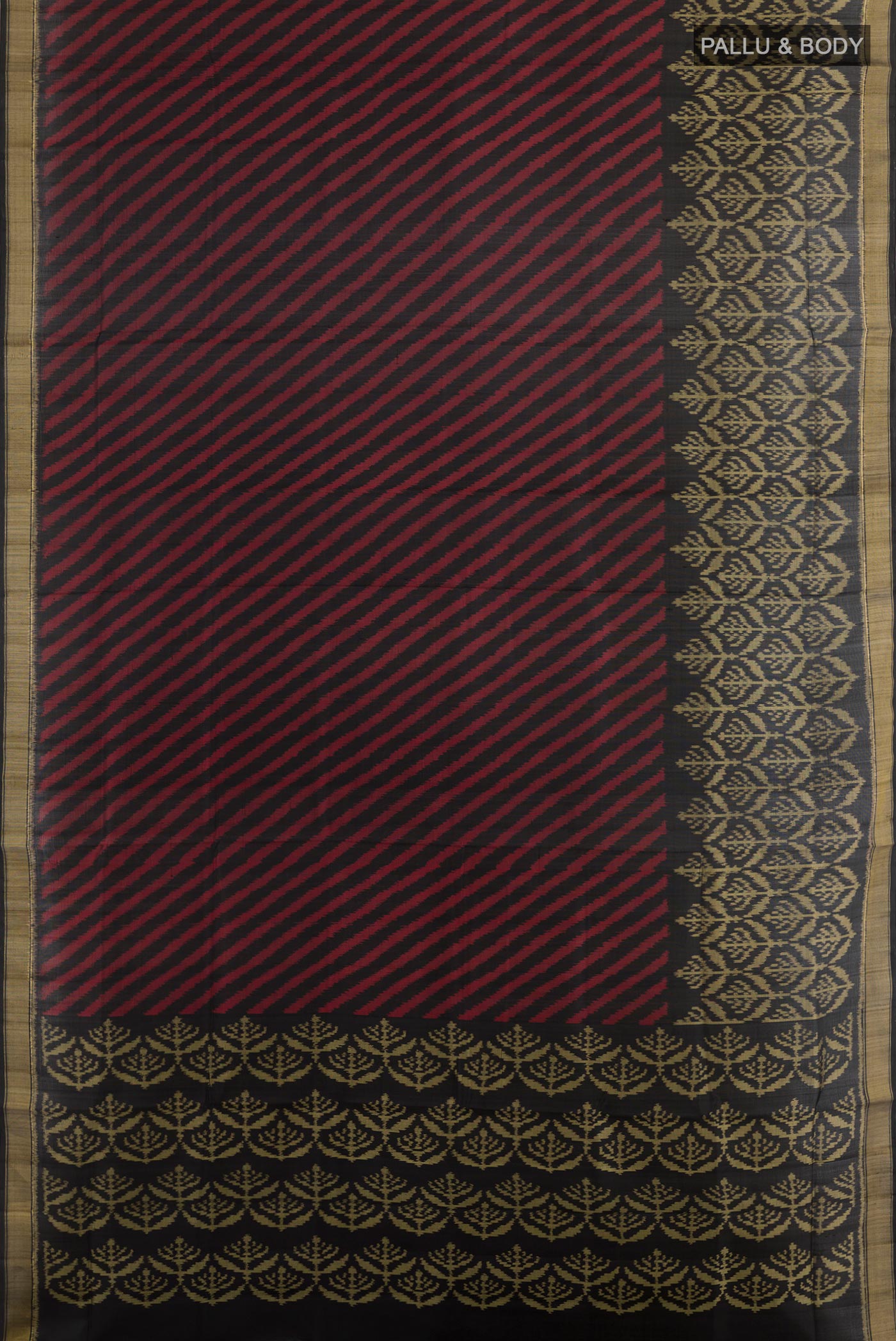 Flat view of Black Rajkot Patola Silk Saree with Pure Ikat on the body and Zari Border. 