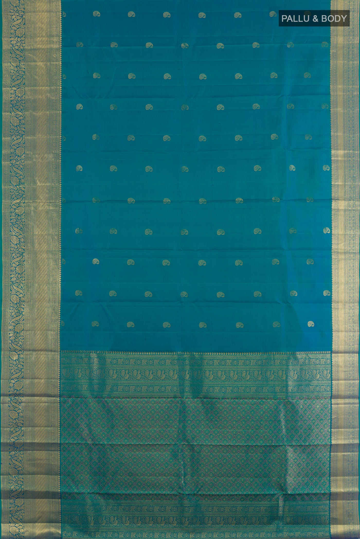 Flat view of Peacock Blue Kanjivaram Silk Saree with Zari Butta on the body and Zari Border. 