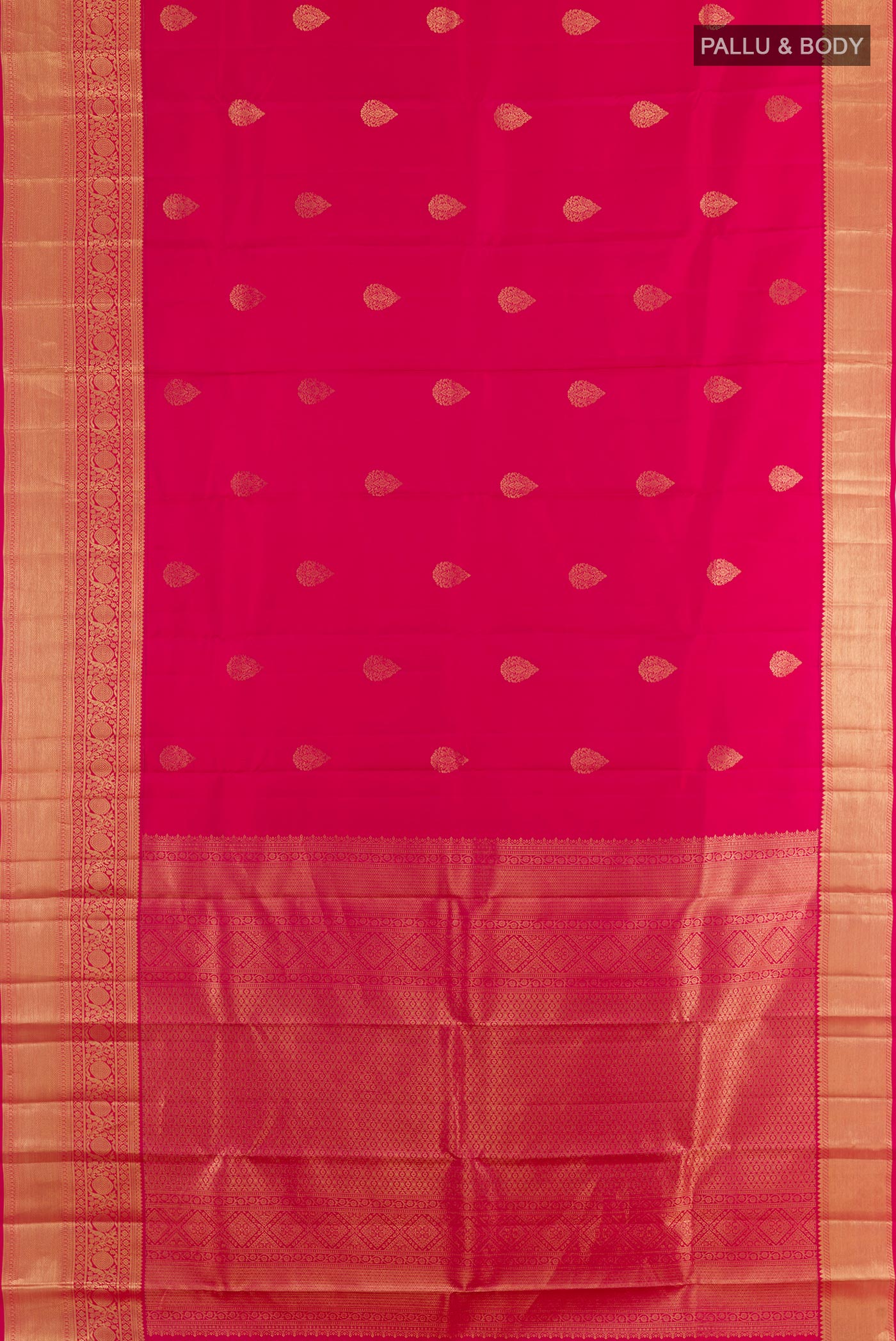 Flat view of Pink Kanjivaram Silk Saree with Zari Butta on the body and Zari Border. 