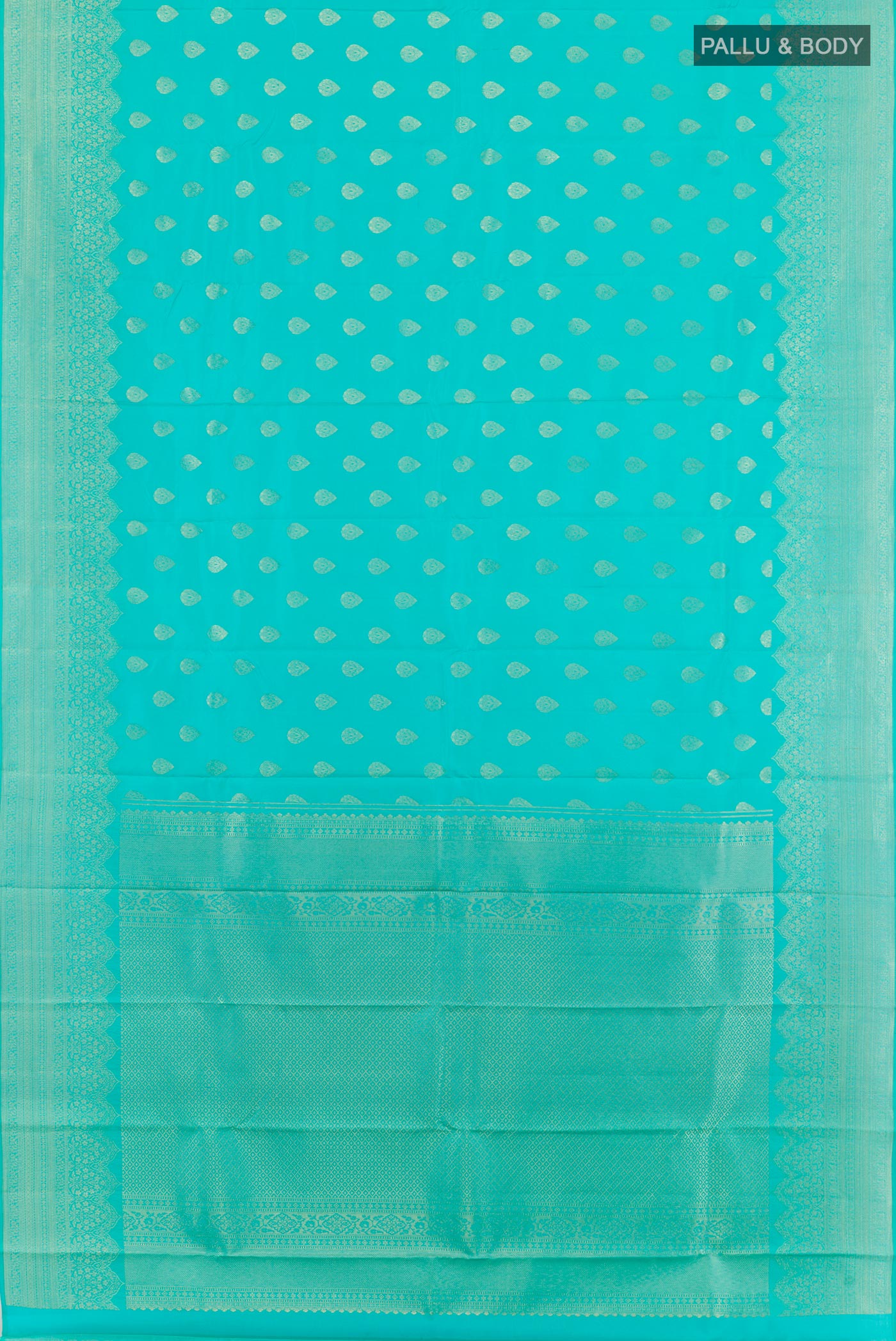 Flat view of Sea Green Kanchipuram Silk Saree with Zari Brocade on the body and Zari Border. 
