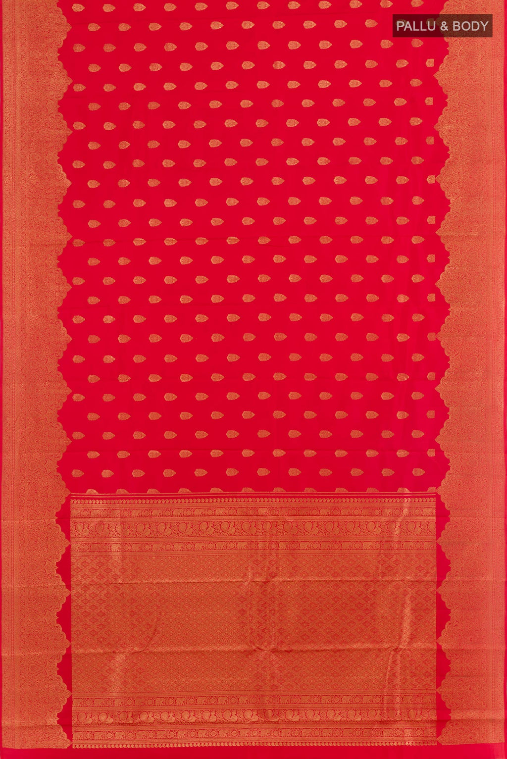 Flat view of Red Kanchipuram Silk Saree with Zari Butta on the body and Zari Border. 