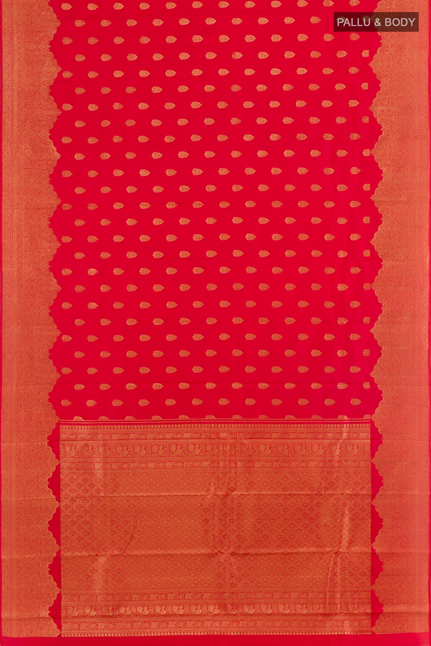 Flat view of Red Kanchipuram Silk Saree with Zari Butta on the body and Zari Border. 