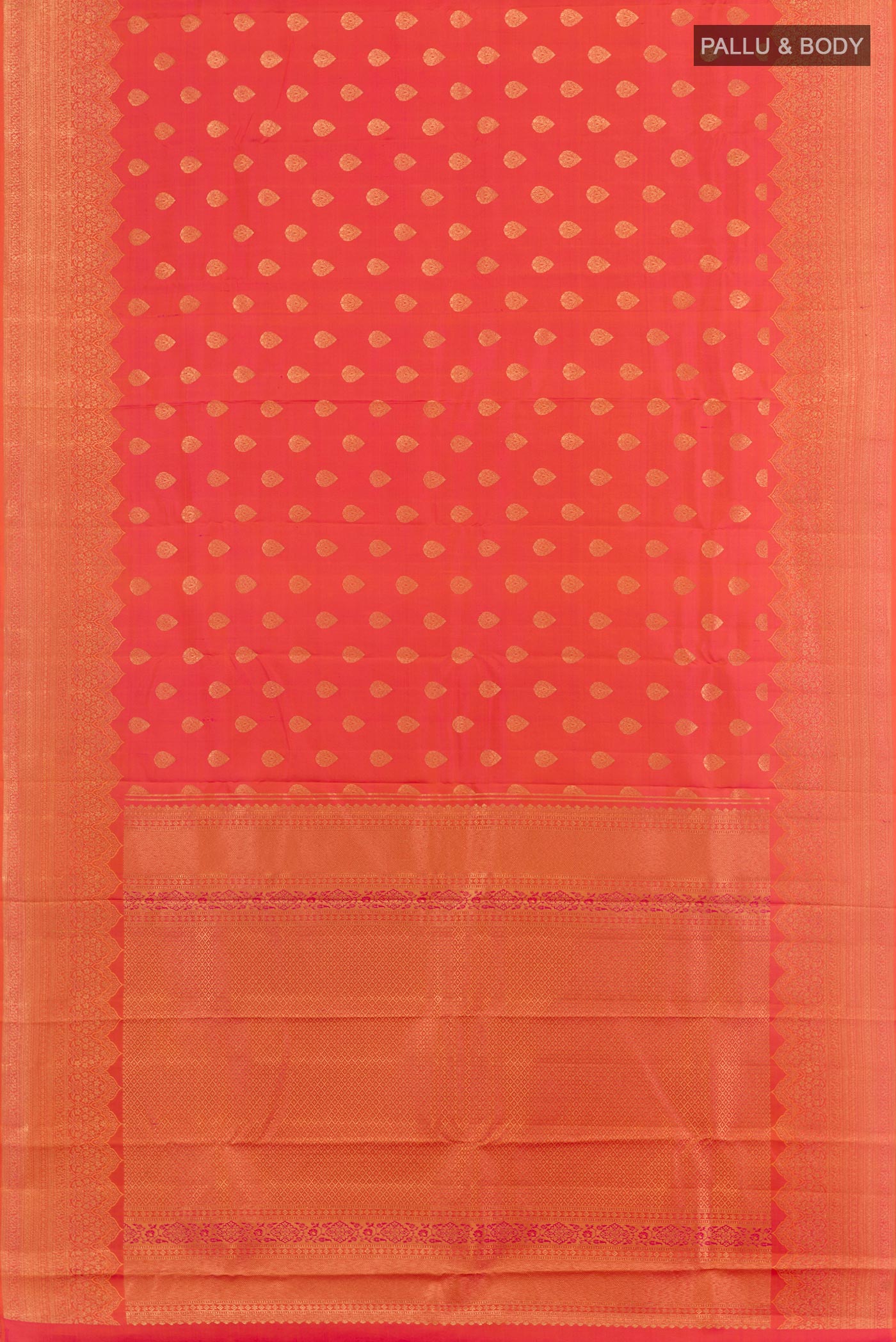 Flat view of Peach Kanchipuram Silk Saree with Zari Butta on the body and Zari Border. 