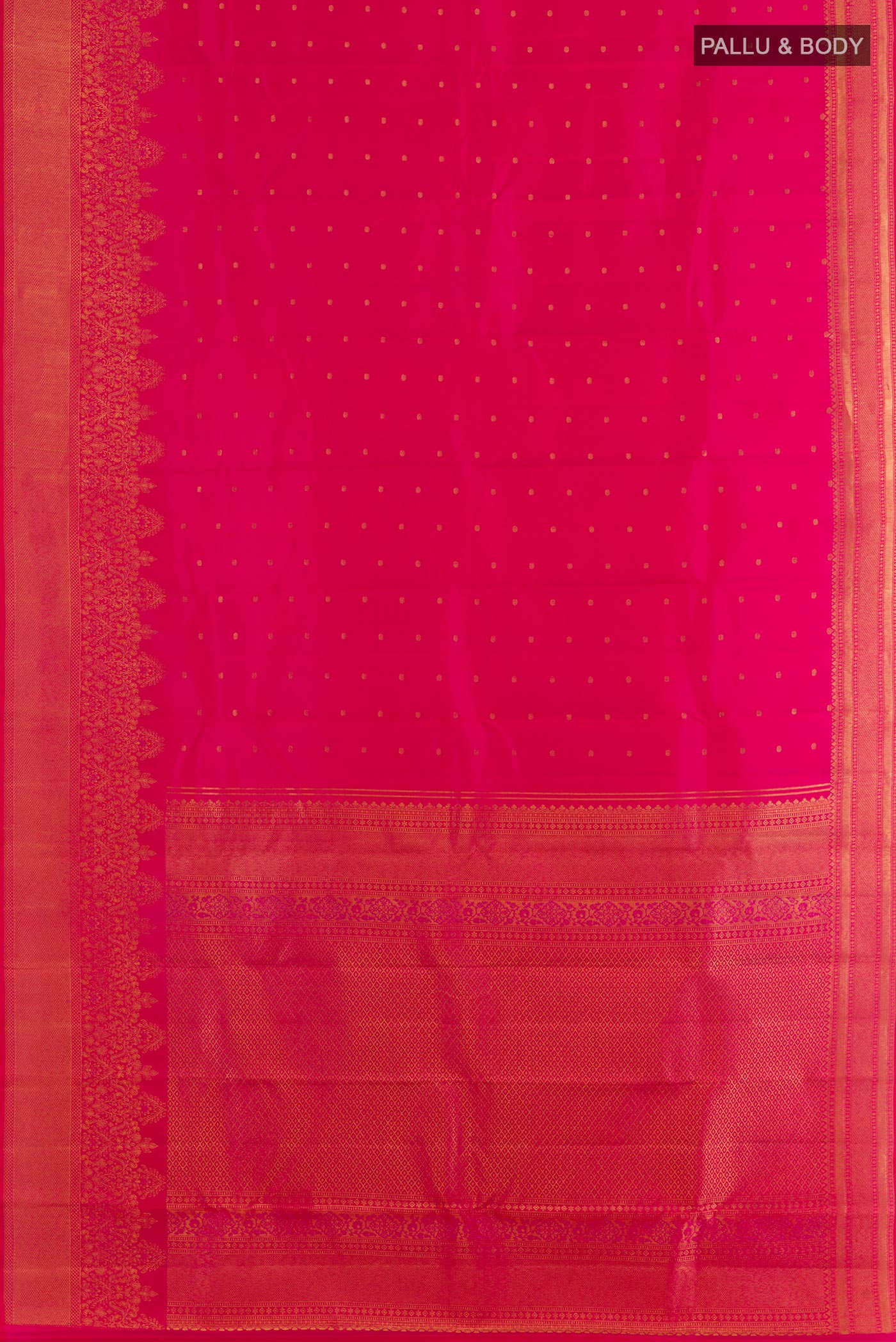 Flat view of Pink Kanchipuram Silk Saree with Zari Butta on the body and Zari Border. 