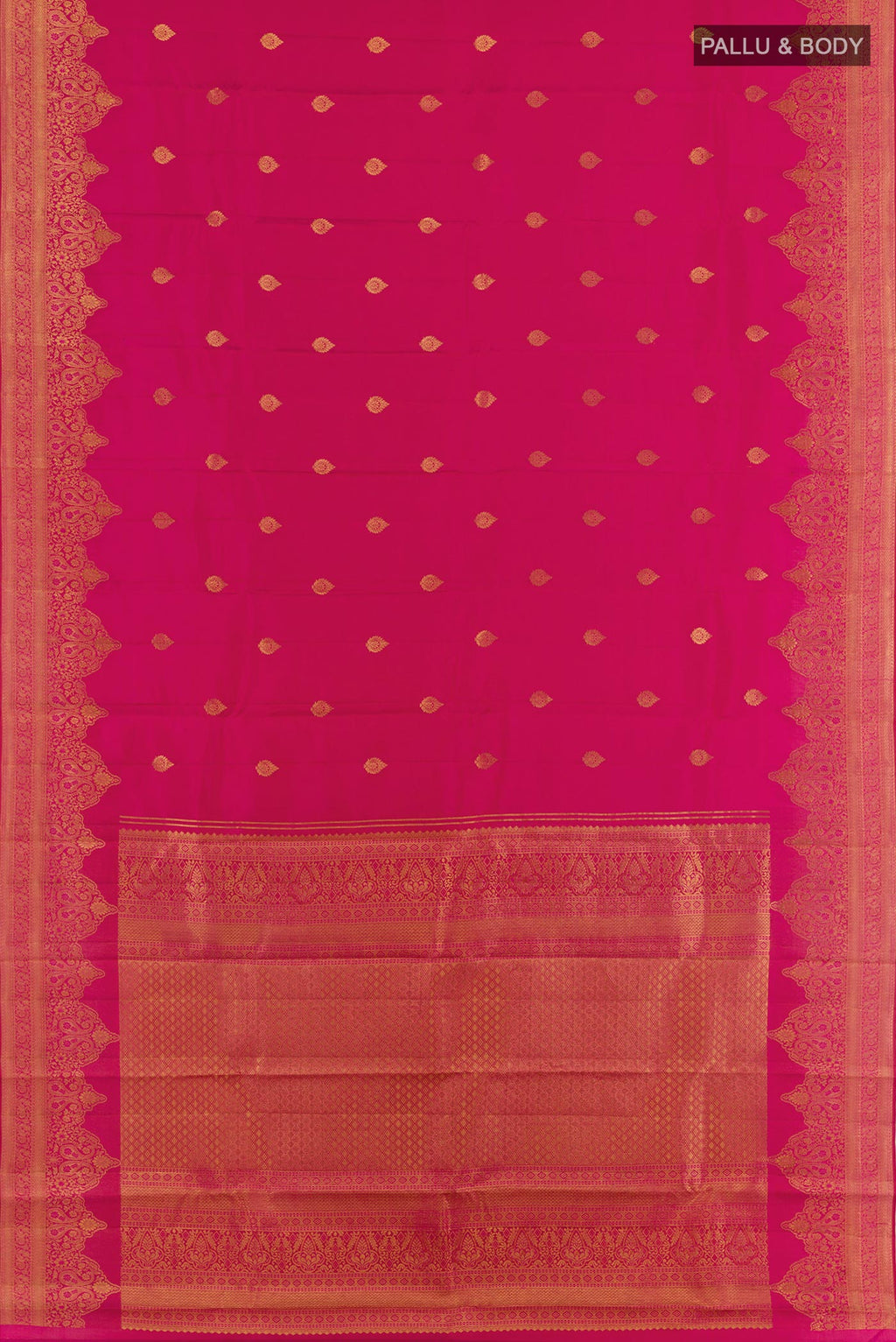 Flat view of Rani Pink Kanchipuram Silk Saree with Zari Butta on the body and Zari Border. 