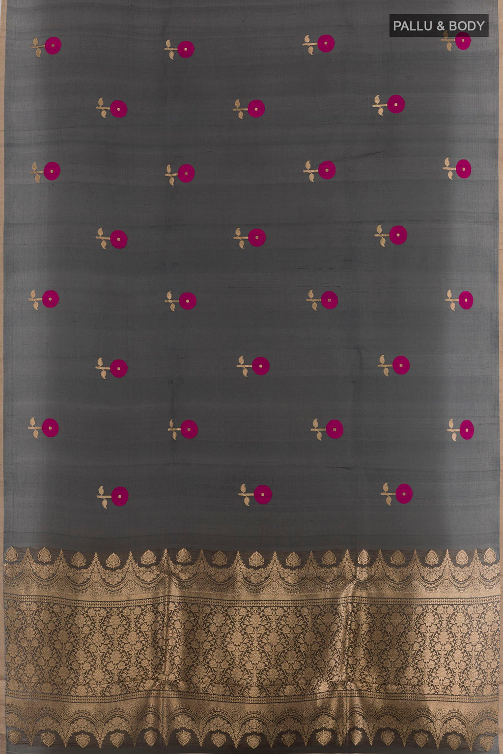 Flat view of Black Organza Silk Saree with Zari Butta on the body and Zari Border. 