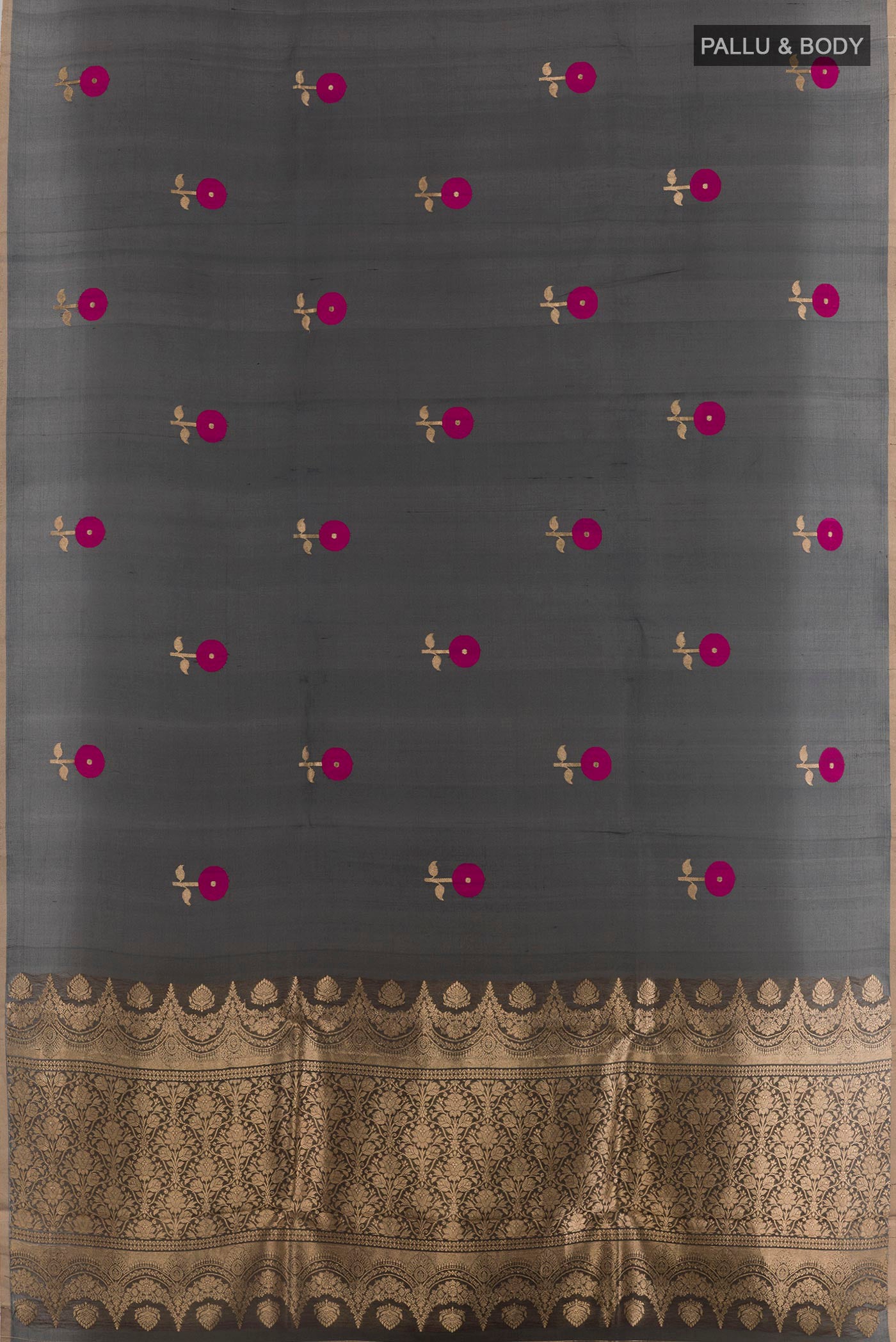 Flat view of Black Organza Silk Saree with Zari Butta on the body and Zari Border. 