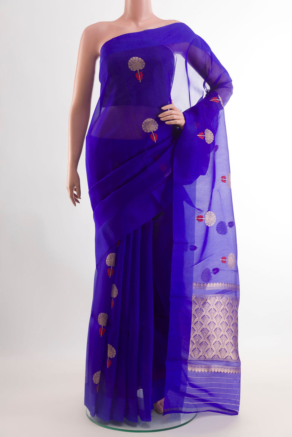 Blue Organza Silk Saree with Zari Butta on the body and Zari Border.  displayed on a mannequin