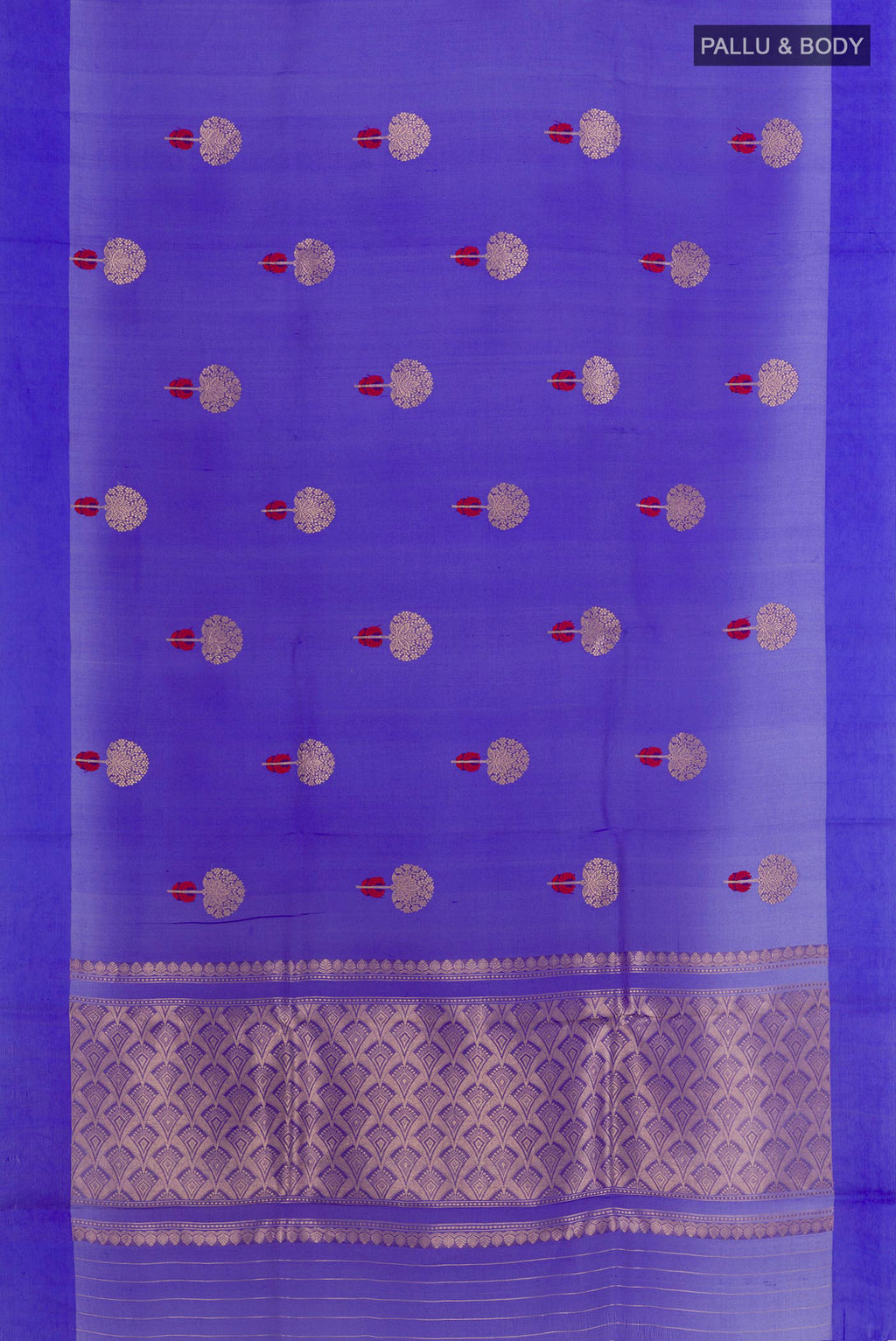 Flat view of Blue Organza Silk Saree with Zari Butta on the body and Zari Border. 