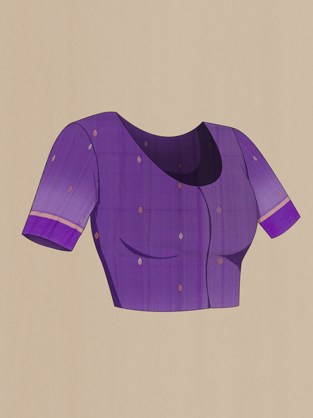 Close up image of the blouse of Purple Mysore Chiffon Saree with Plain Body and Zari Border. 