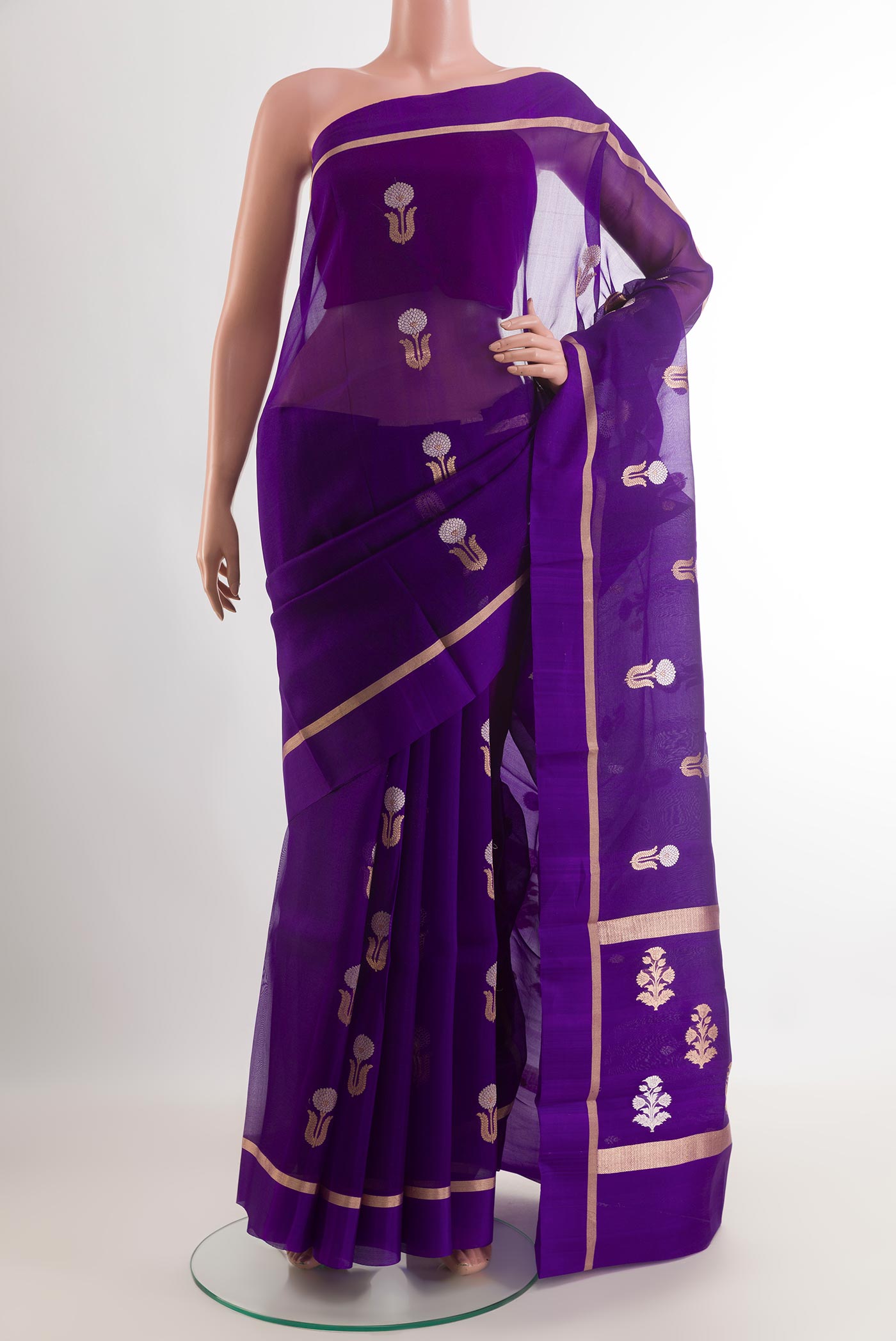 Purple Mysore Chiffon Saree with Plain Body and Zari Border.  displayed on a mannequin