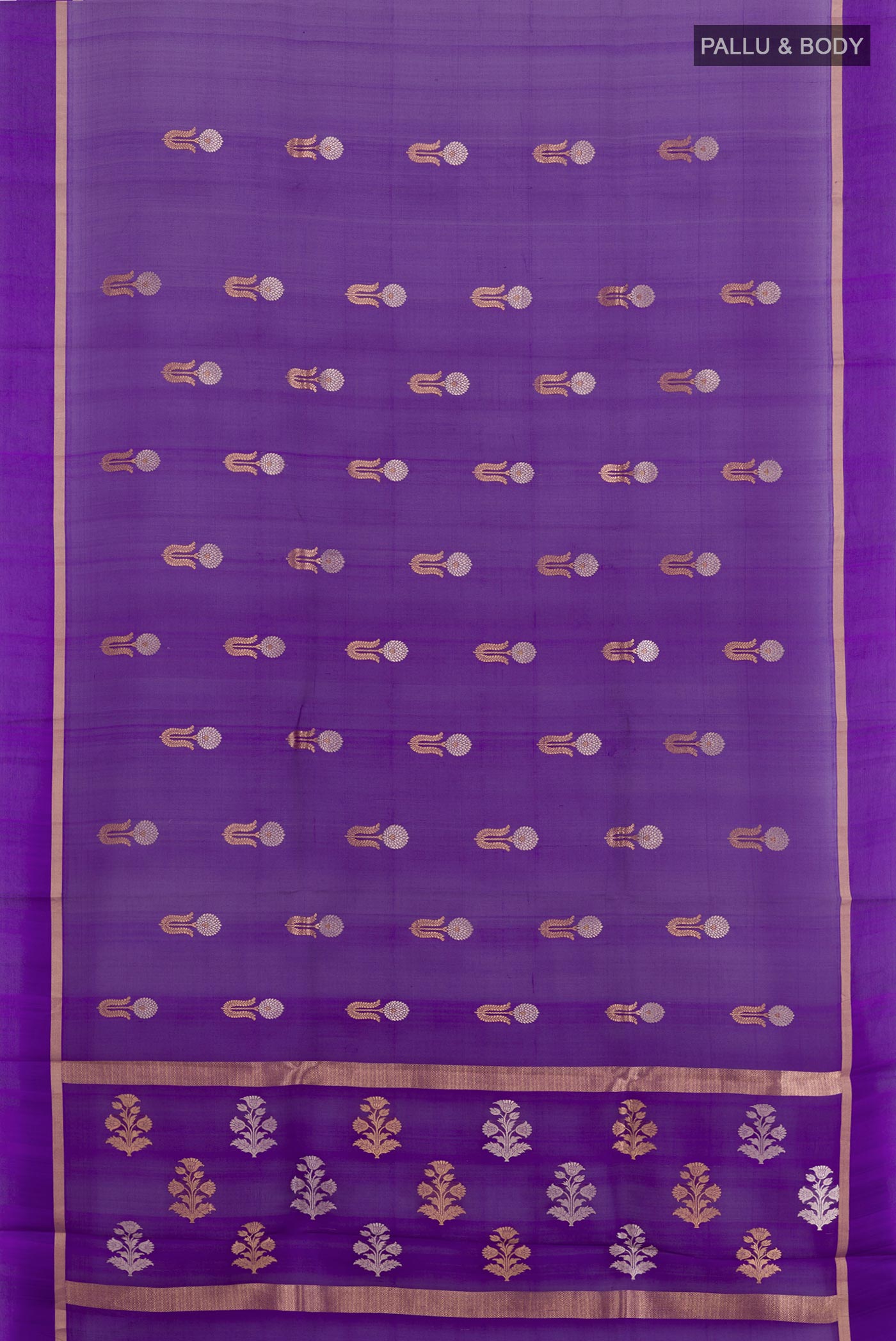 Flat view of Purple Mysore Chiffon Saree with Plain Body and Zari Border. 