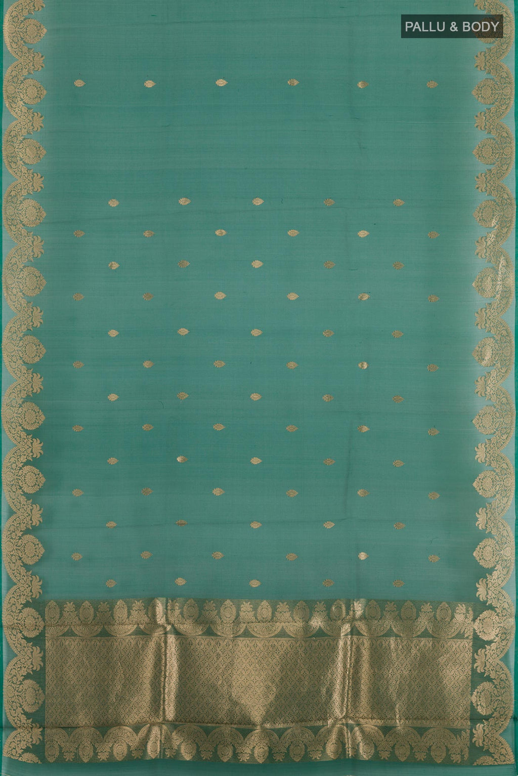 Flat view of Green Organza Silk Saree with Zari Butta on the body and Zari Border. 