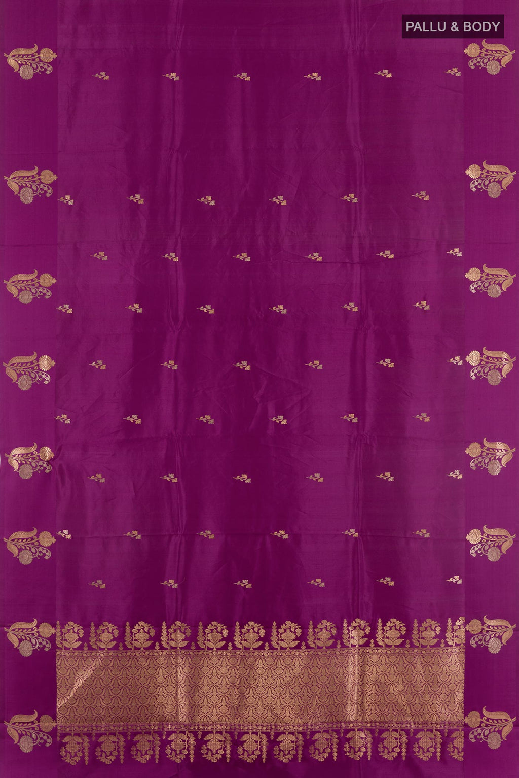 Flat view of Purple Banarasi Katan Silk Saree with Zari Butta on the body and Zari Border. 
