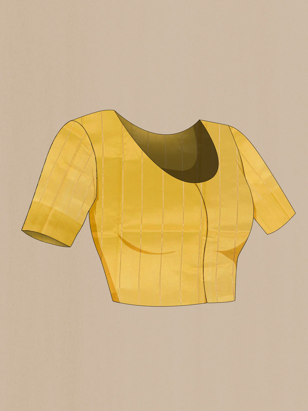 Close up image of the blouse of Yellow Banarasi Katan Silk Saree with Zari Butta on the body and Zari Border. 