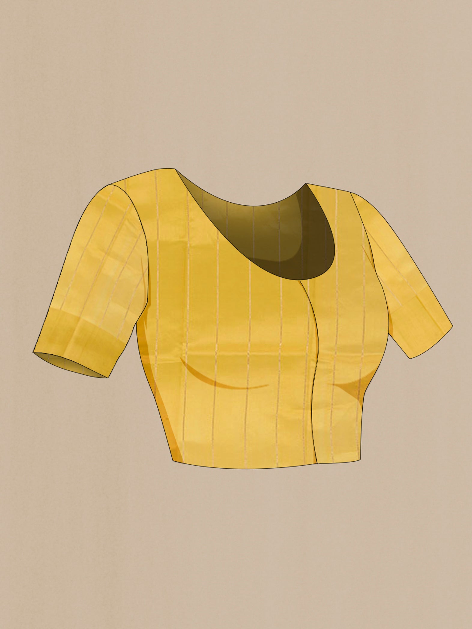 Close up image of the blouse of Yellow Banarasi Katan Silk Saree with Zari Butta on the body and Zari Border. 
