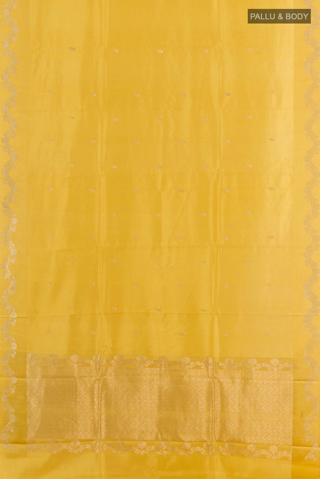 Flat view of Yellow Banarasi Katan Silk Saree with Zari Butta on the body and Zari Border. 