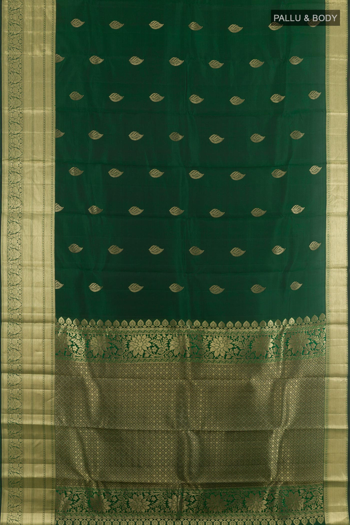 Flat view of Green Kanjivaram Silk Saree with Zari Butta on the body and Zari Border. 
