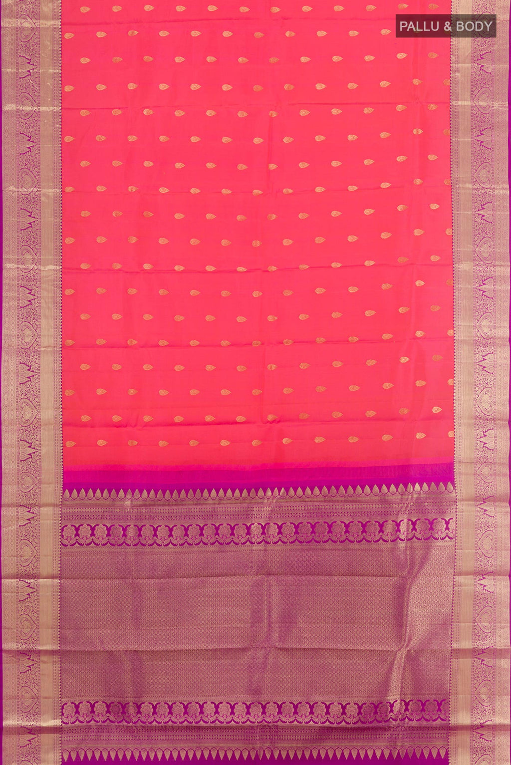 Flat view of Pink Kanjivaram Silk Saree with Zari Brocade on the body and Zari Border. 