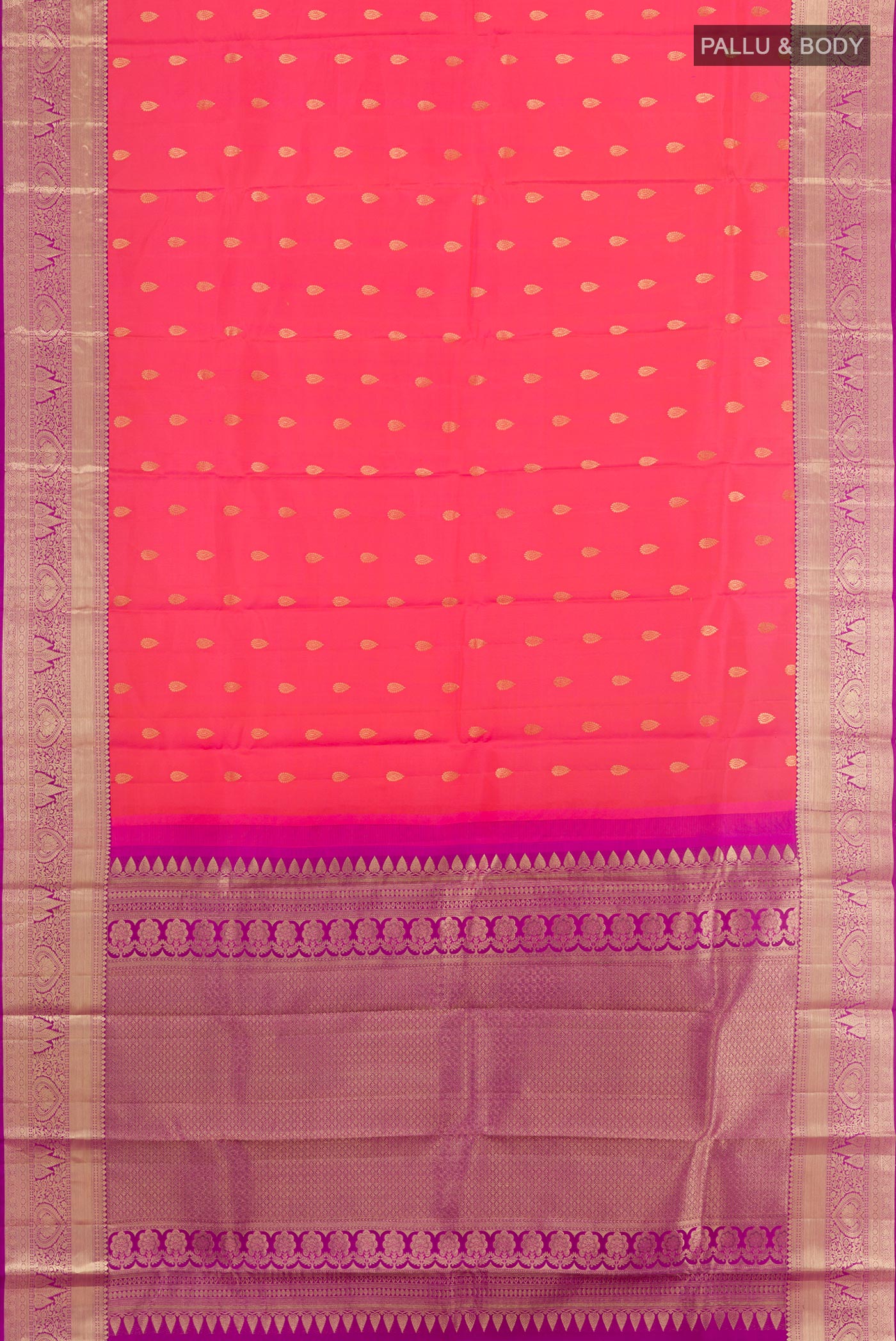 Flat view of Pink Kanjivaram Silk Saree with Zari Brocade on the body and Zari Border. 