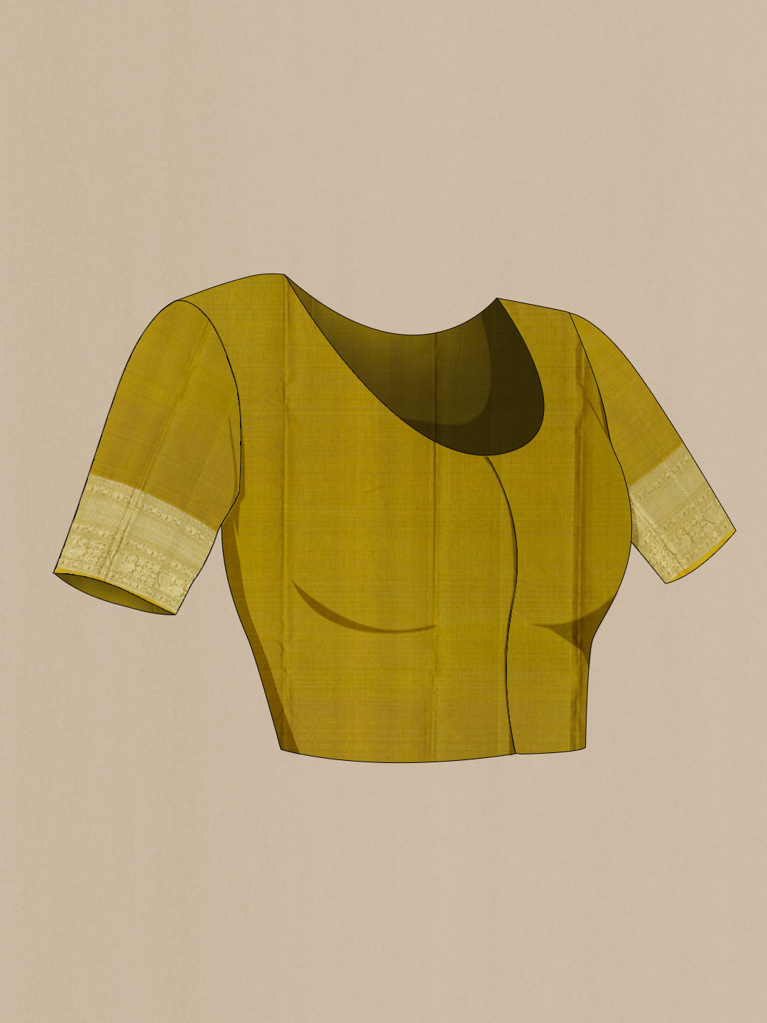 Close up image of the blouse of Mehandi Green Kanjivaram Silk Saree with Zari Butta on the body and Zari Border. 