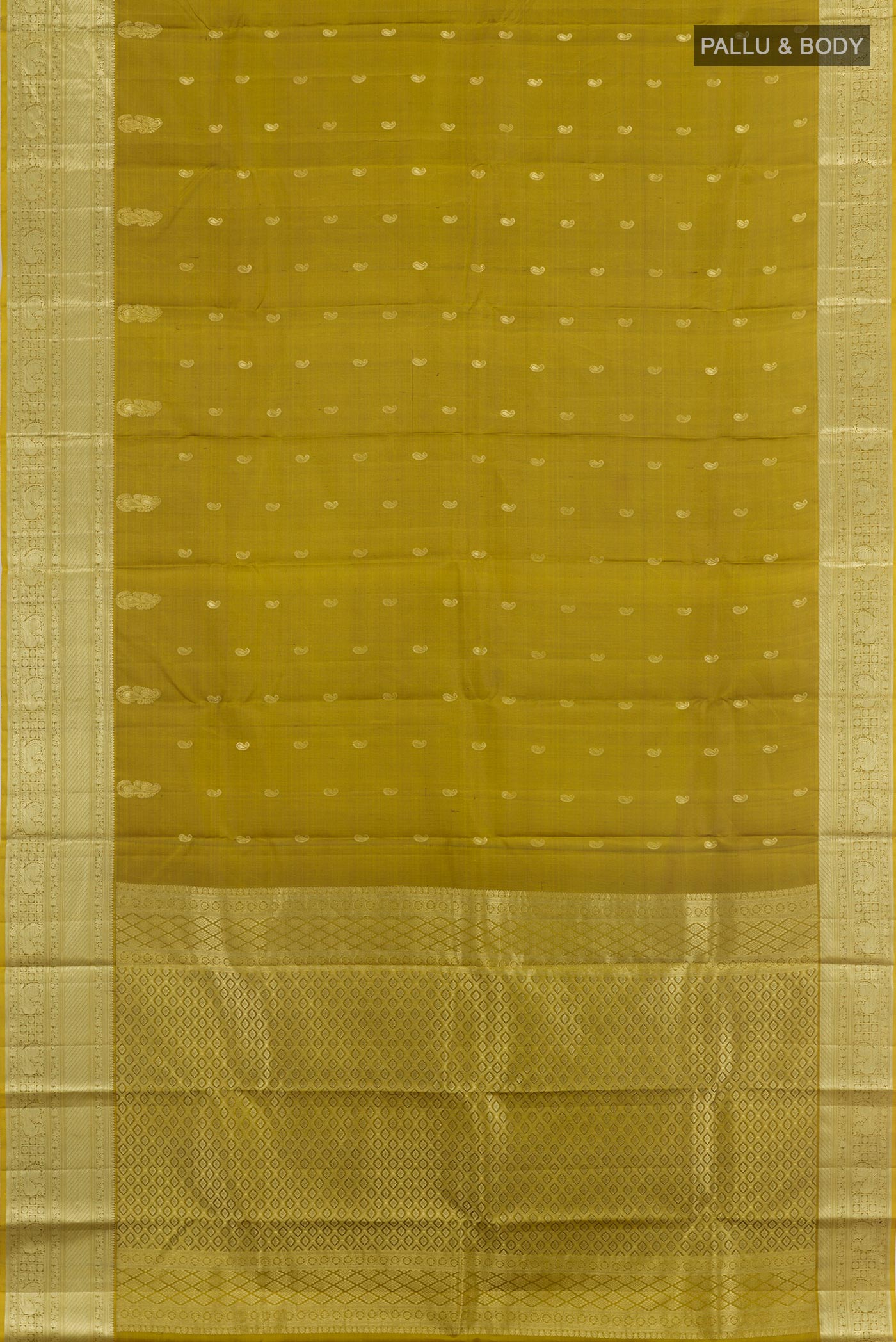 Flat view of Mehandi Green Kanjivaram Silk Saree with Zari Butta on the body and Zari Border. 