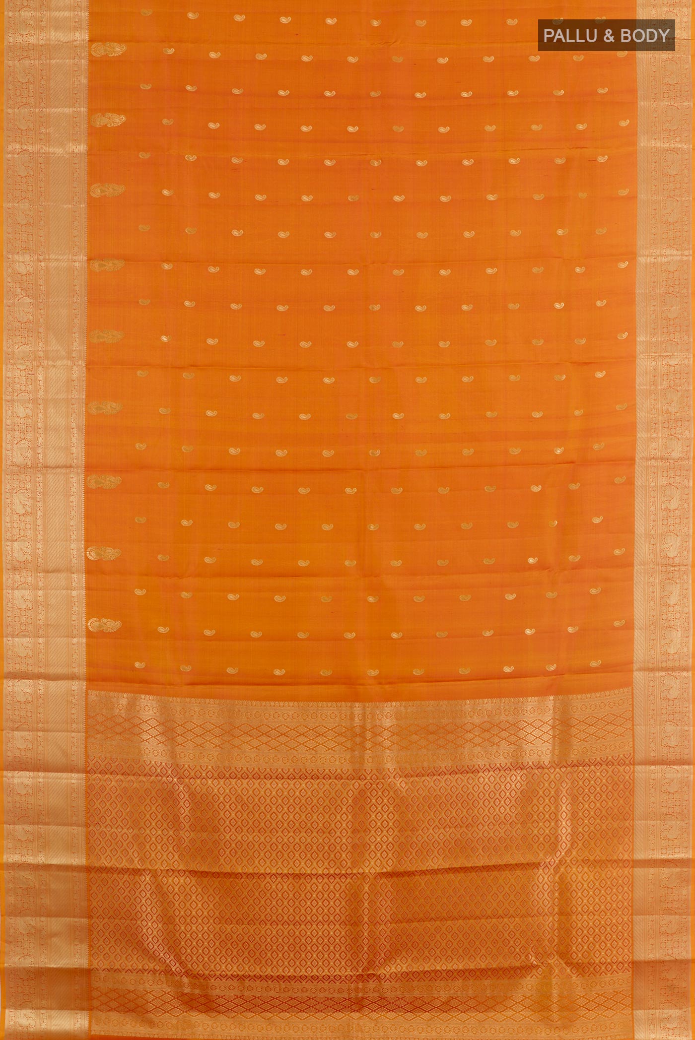 Flat view of Yellow Kanjivaram Silk Saree with Zari Butta on the body and Zari Border. 