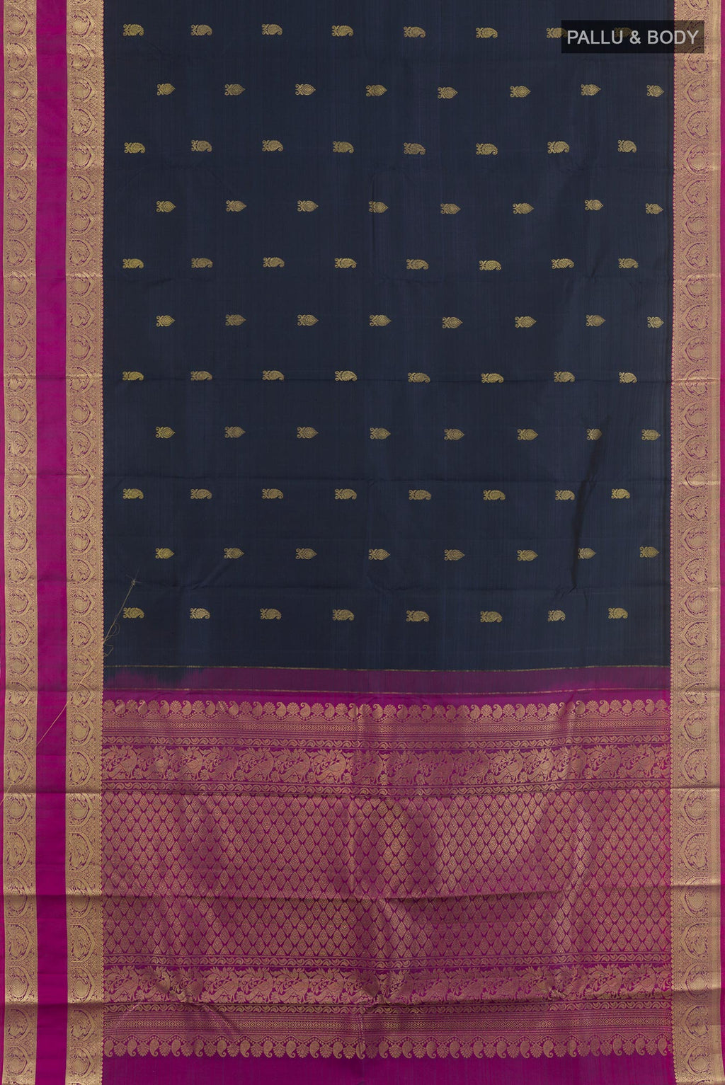 Flat view of Dark Blue Kanchipuram Silk Saree with Zari Butta on the body and Zari Border. 