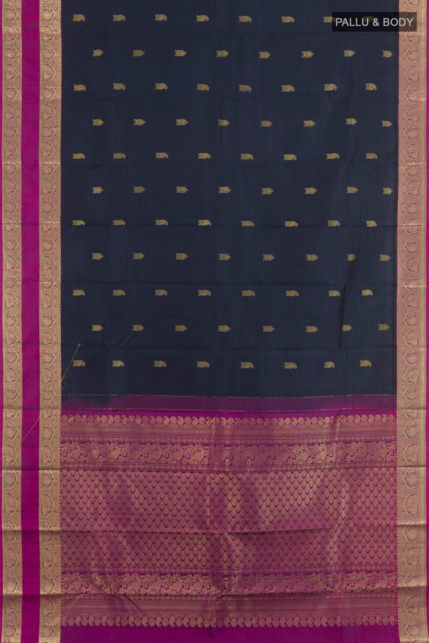 Flat view of Dark Blue Kanchipuram Silk Saree with Zari Butta on the body and Zari Border. 