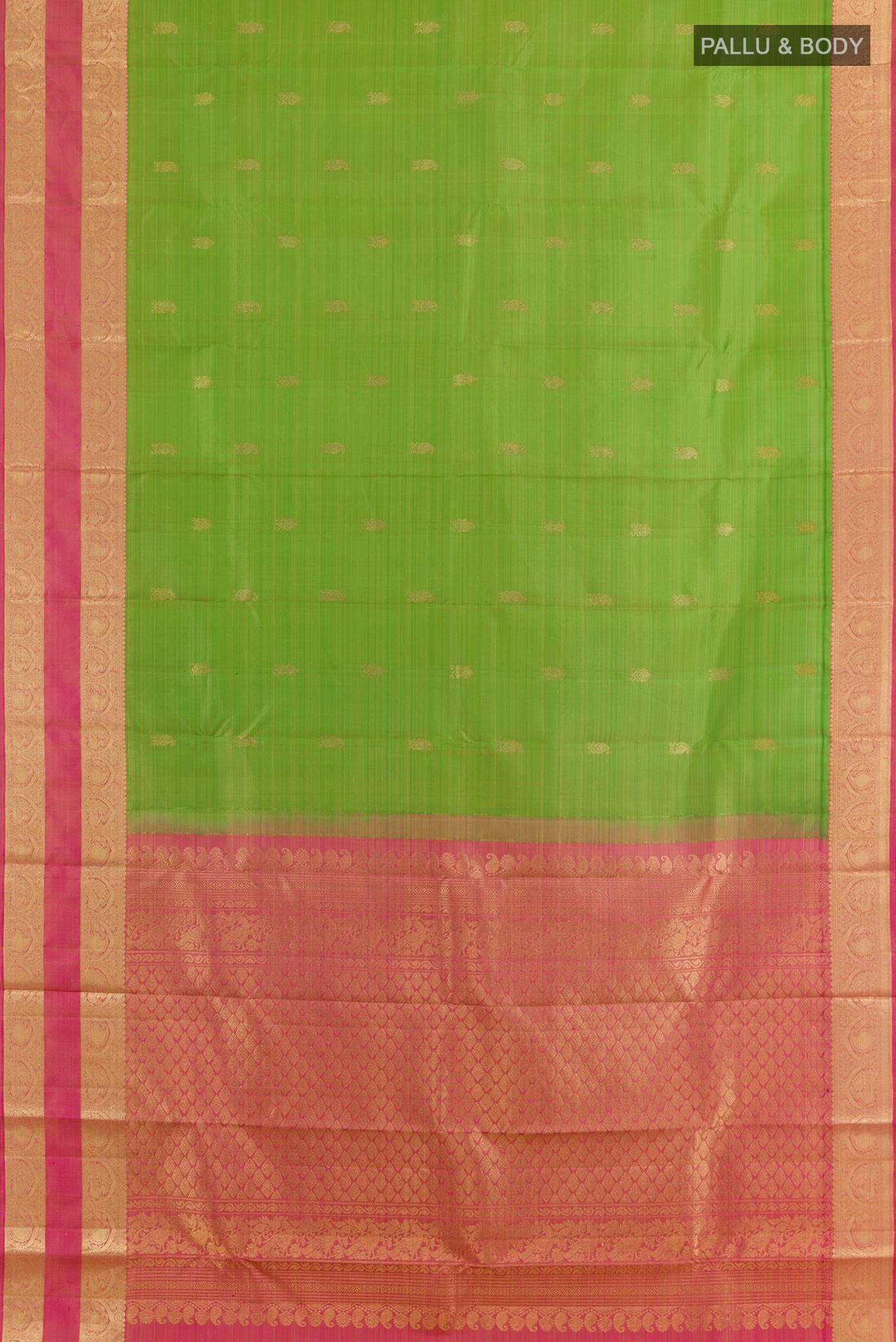 Flat view of Green Kanchipuram Silk Saree with Zari Butta on the body and Zari Border. 