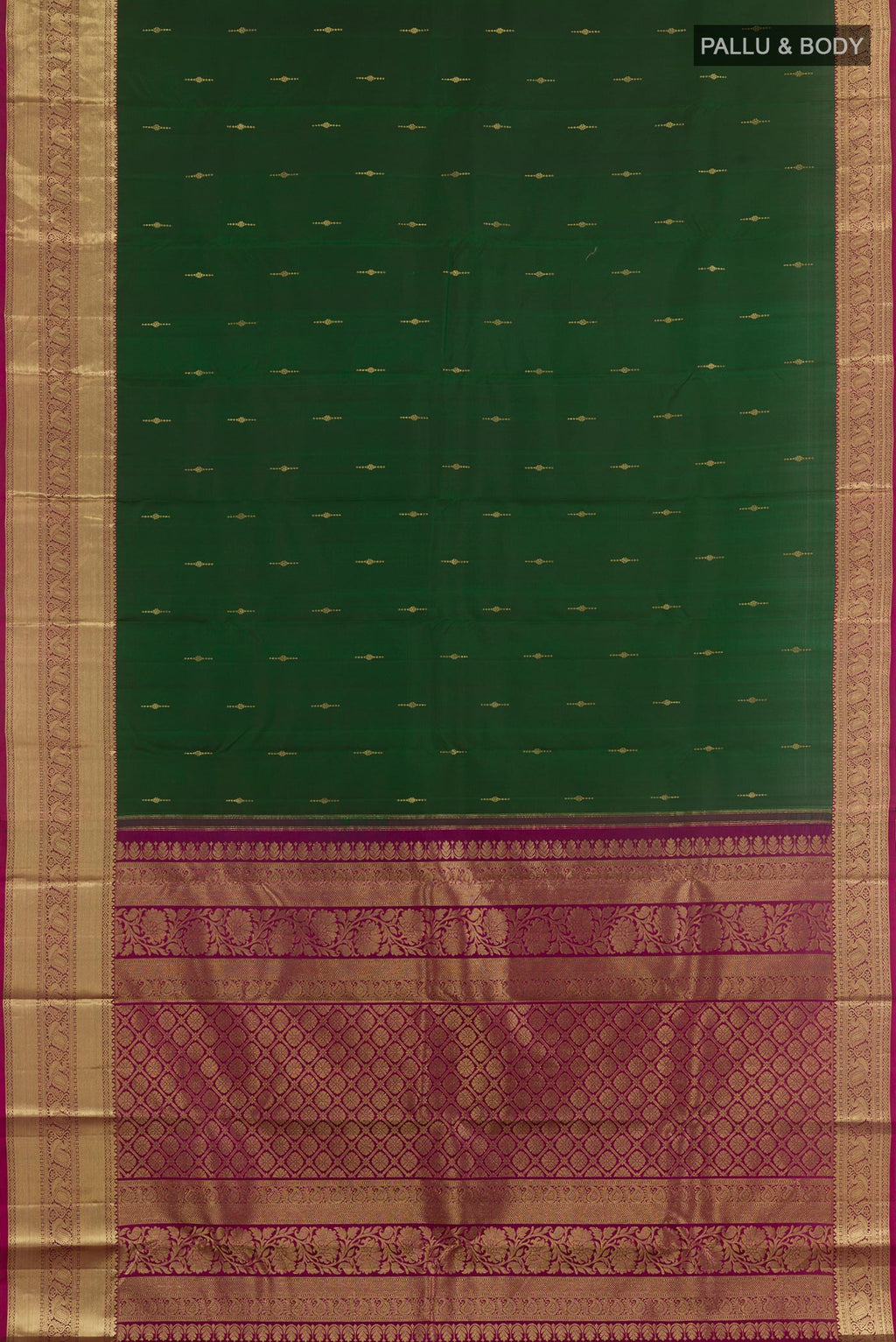 Flat view of Green Kanchipuram Silk Saree with Zari Butta on the body and Zari Border. 
