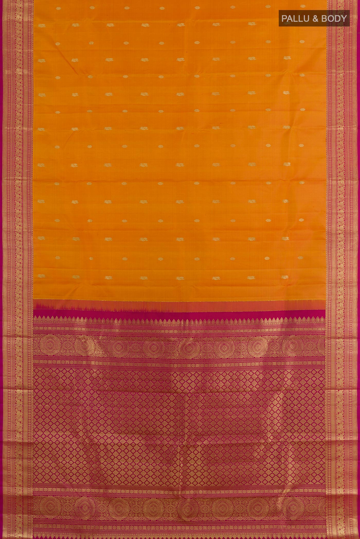 Flat view of Orange Kanchipuram Silk Saree with Zari Butta on the body and Zari Border. 