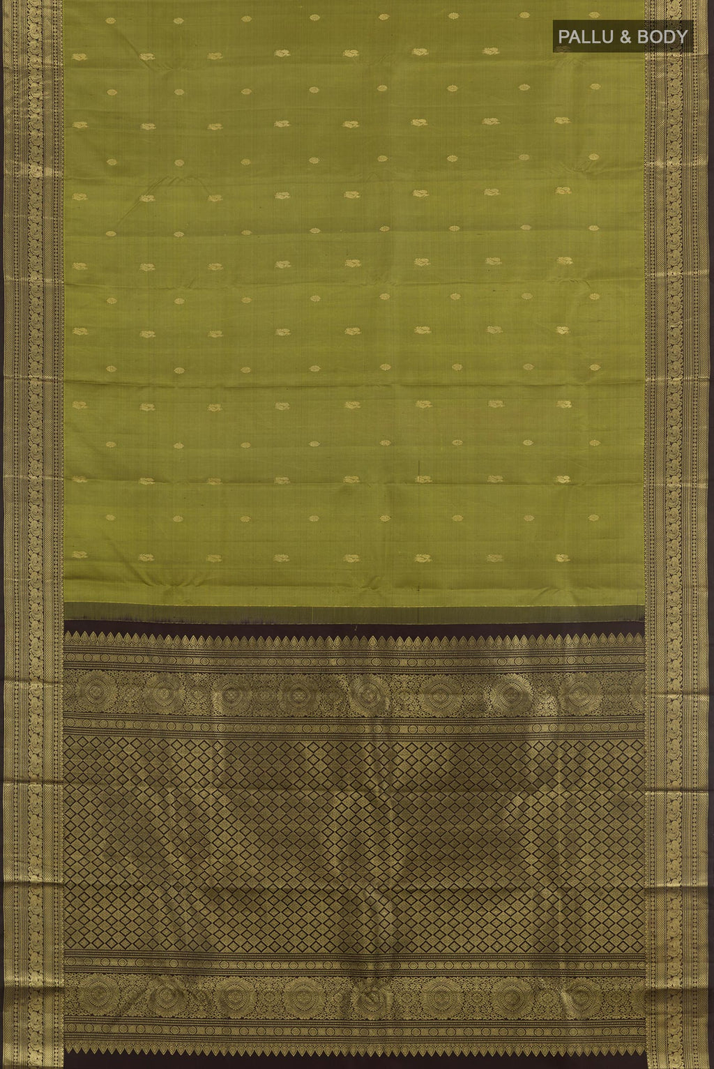Flat view of Green Kanchipuram Silk Saree with Zari Butta on the body and Zari Border. 