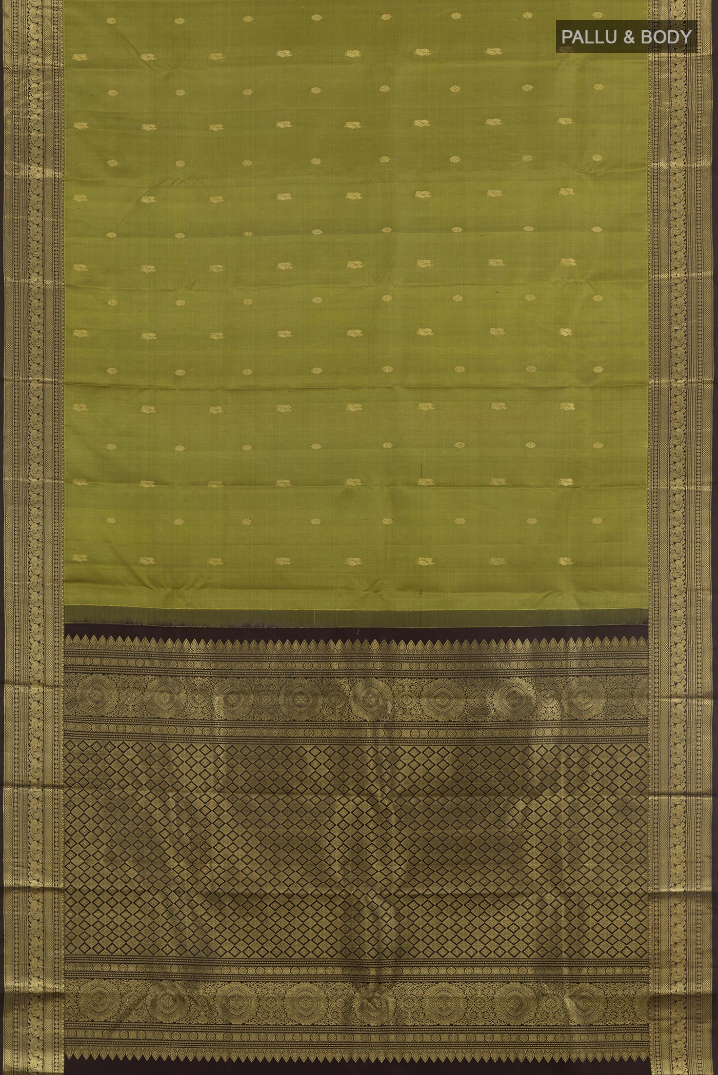 Flat view of Green Kanchipuram Silk Saree with Zari Butta on the body and Zari Border. 