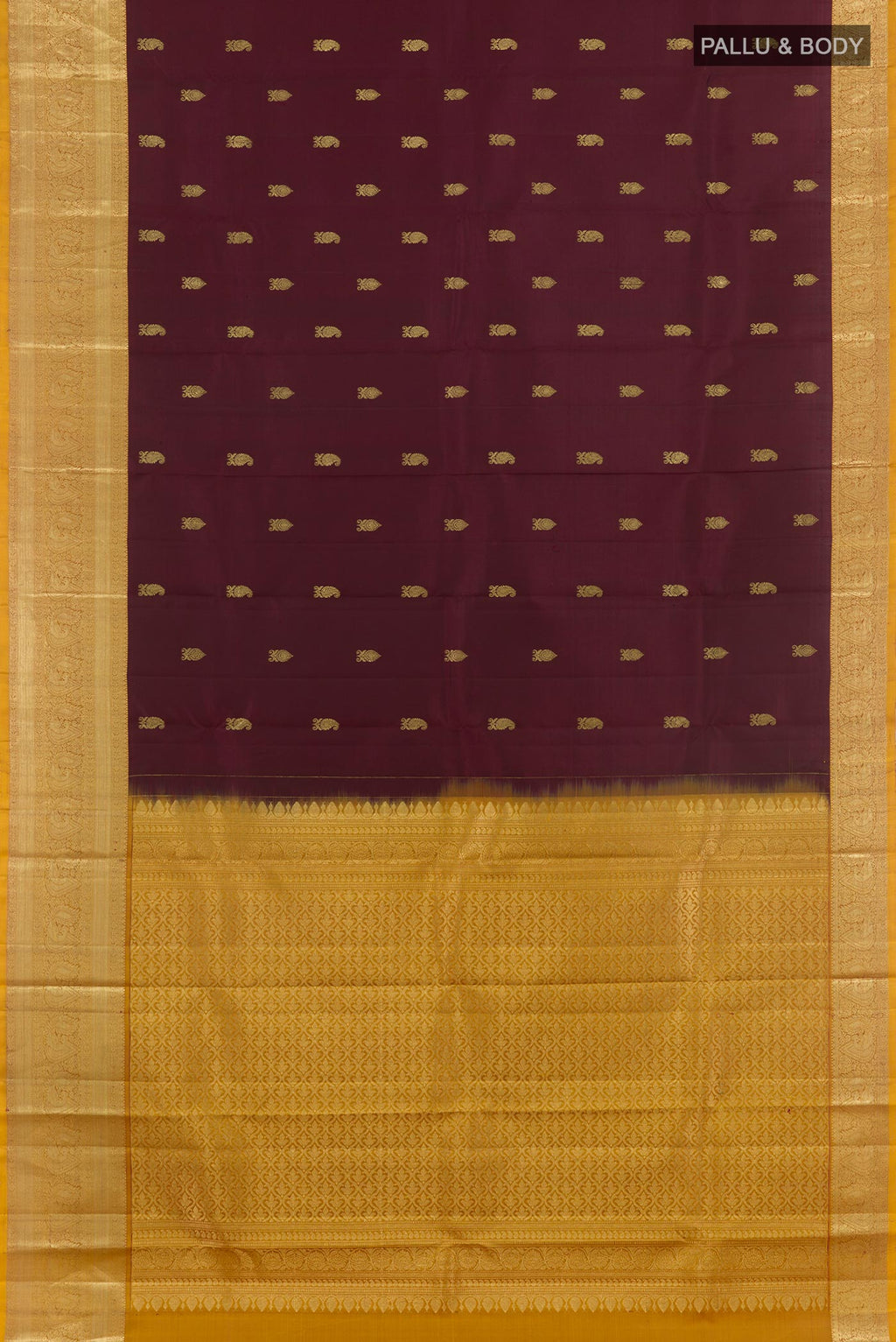 Flat view of Purple Kanchipuram Silk Saree with Zari Butta on the body and Zari Border. 