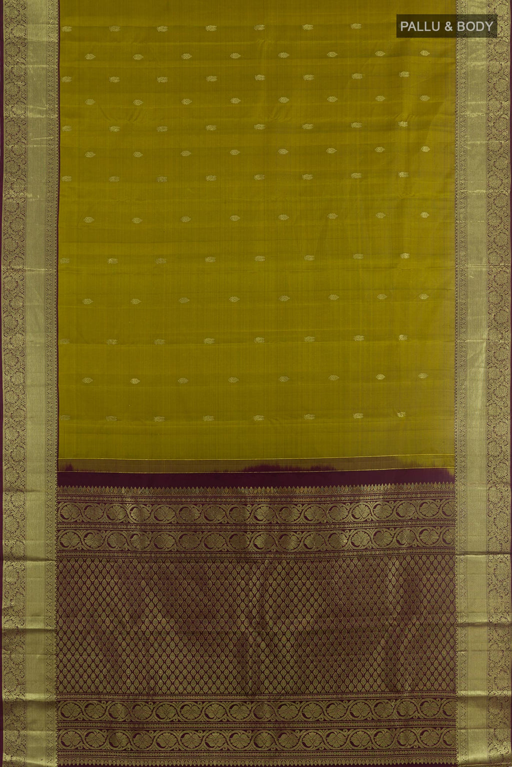 Flat view of Mehandi Green Kanchipuram Silk Saree with Zari Butta on the body and Zari Border. 