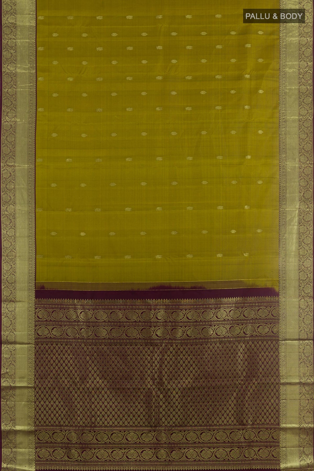 Flat view of Mehandi Green Kanchipuram Silk Saree with Zari Butta on the body and Zari Border. 
